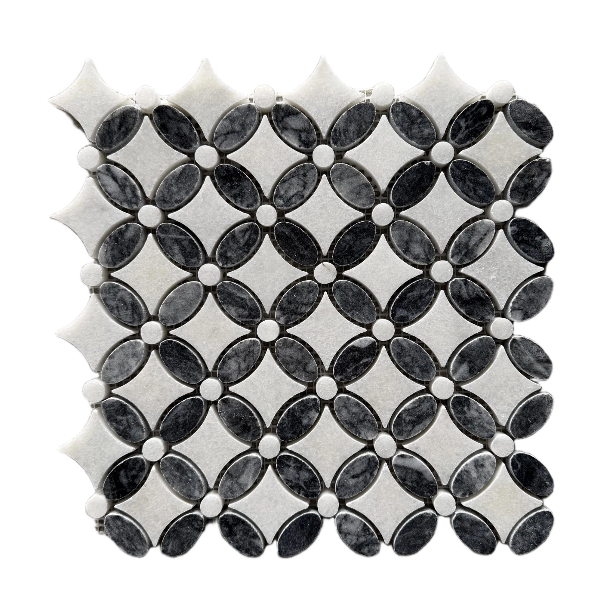 Polished Carrara white and Platinum Black marble flower mosaic tile, black petals with white accents