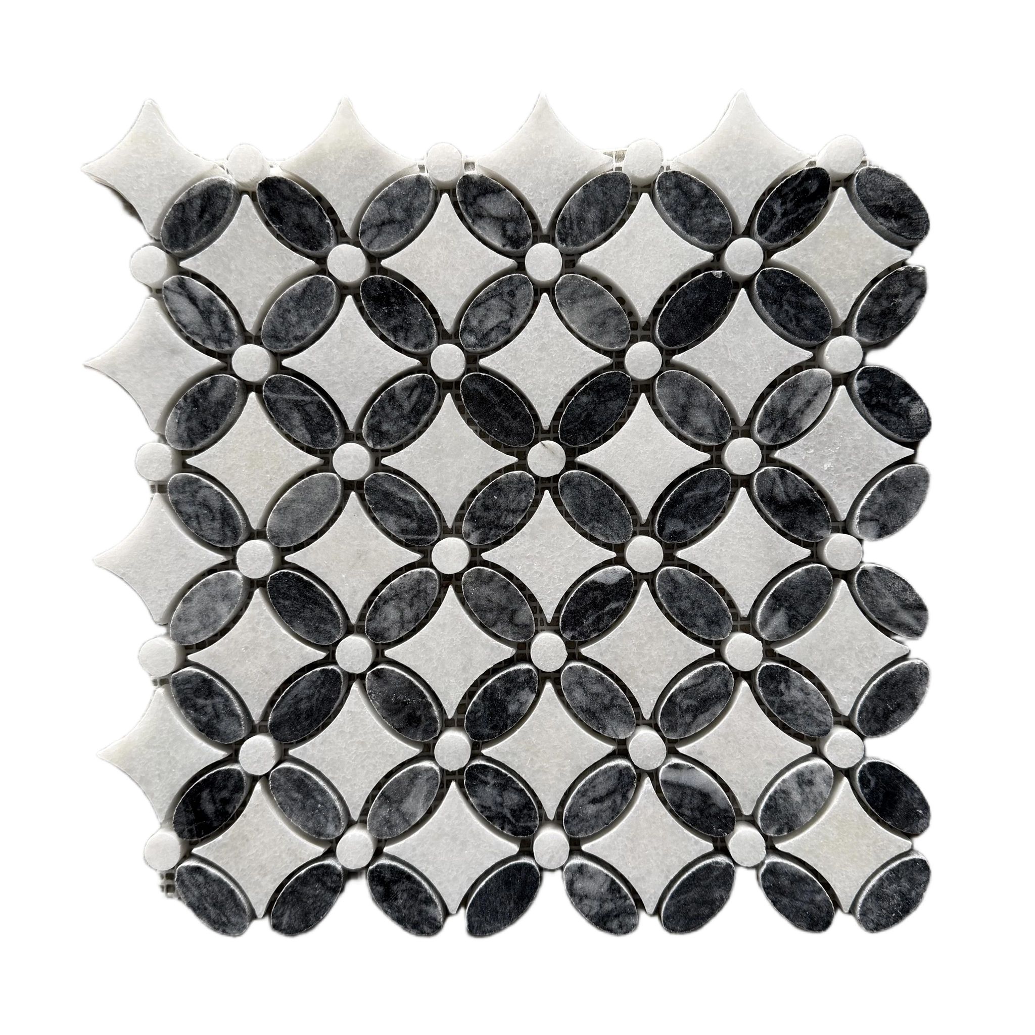 Polished Carrara white and Platinum Black marble flower mosaic tile, black petals with white accents