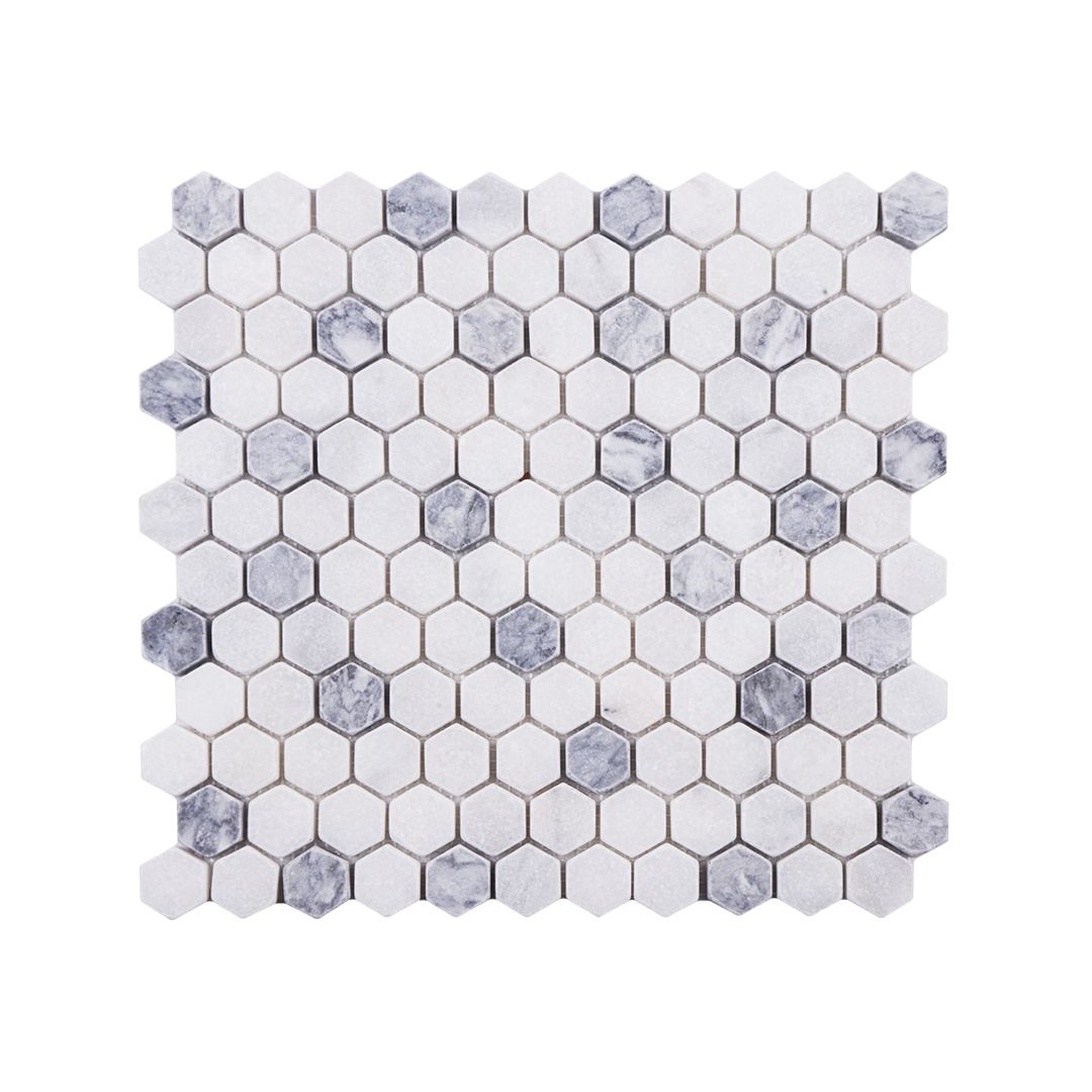 Mugla White - Silver 1 Inch Hexagon Tumbled Marble Mosaic Tile