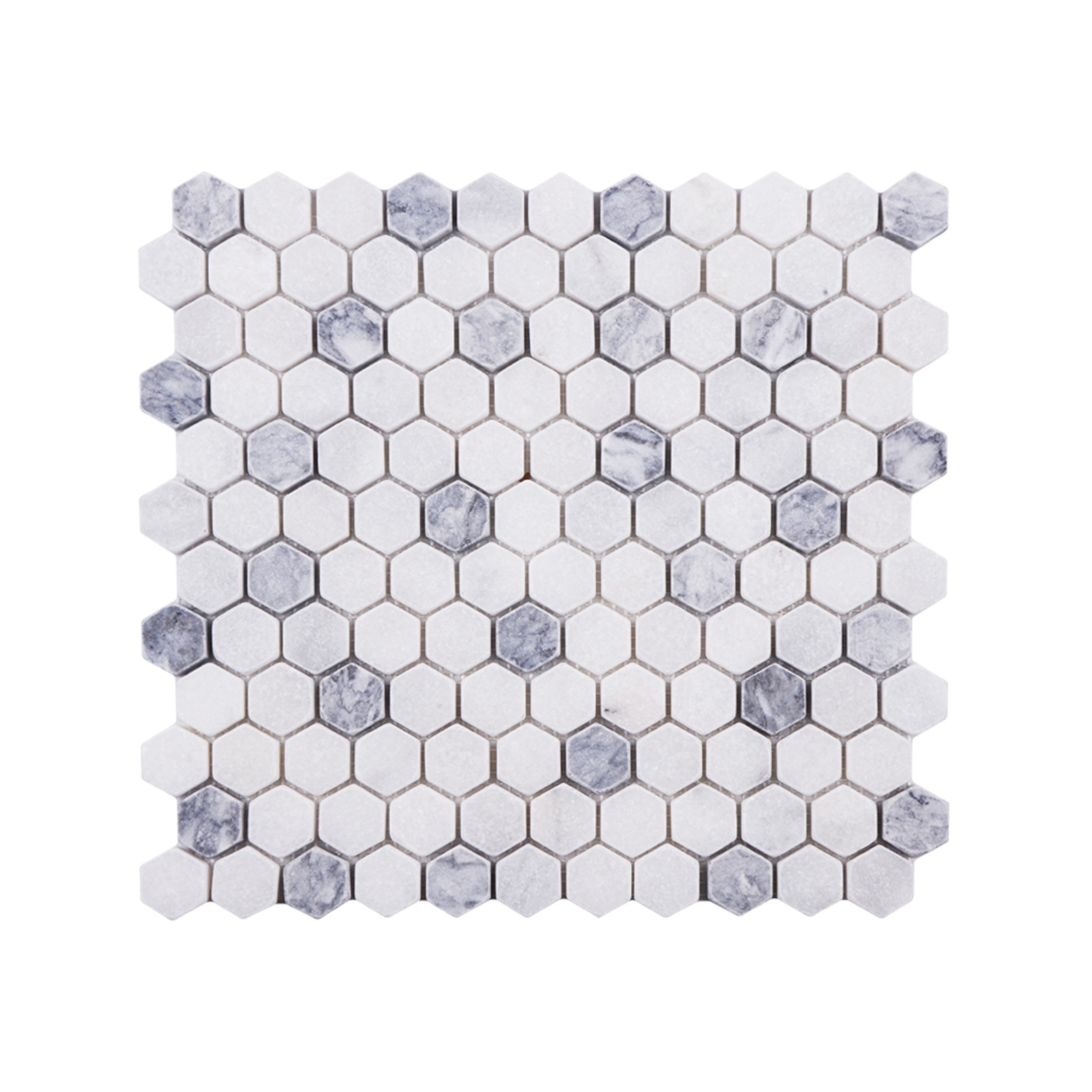 Mugla White - Silver 1 Inch Hexagon Tumbled Marble Mosaic Tile