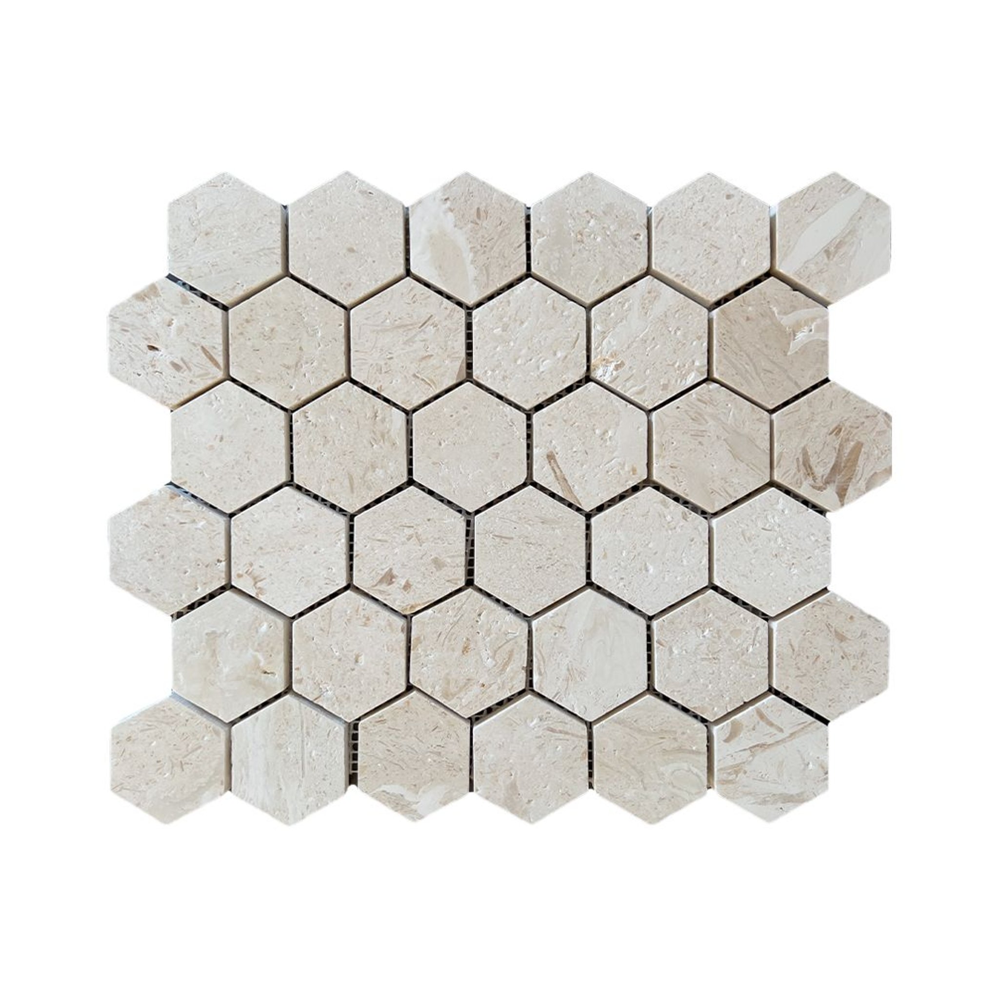 Brushed Shellstone limestone two-inch hexagon mosaic tile, creamy beige with fossils
