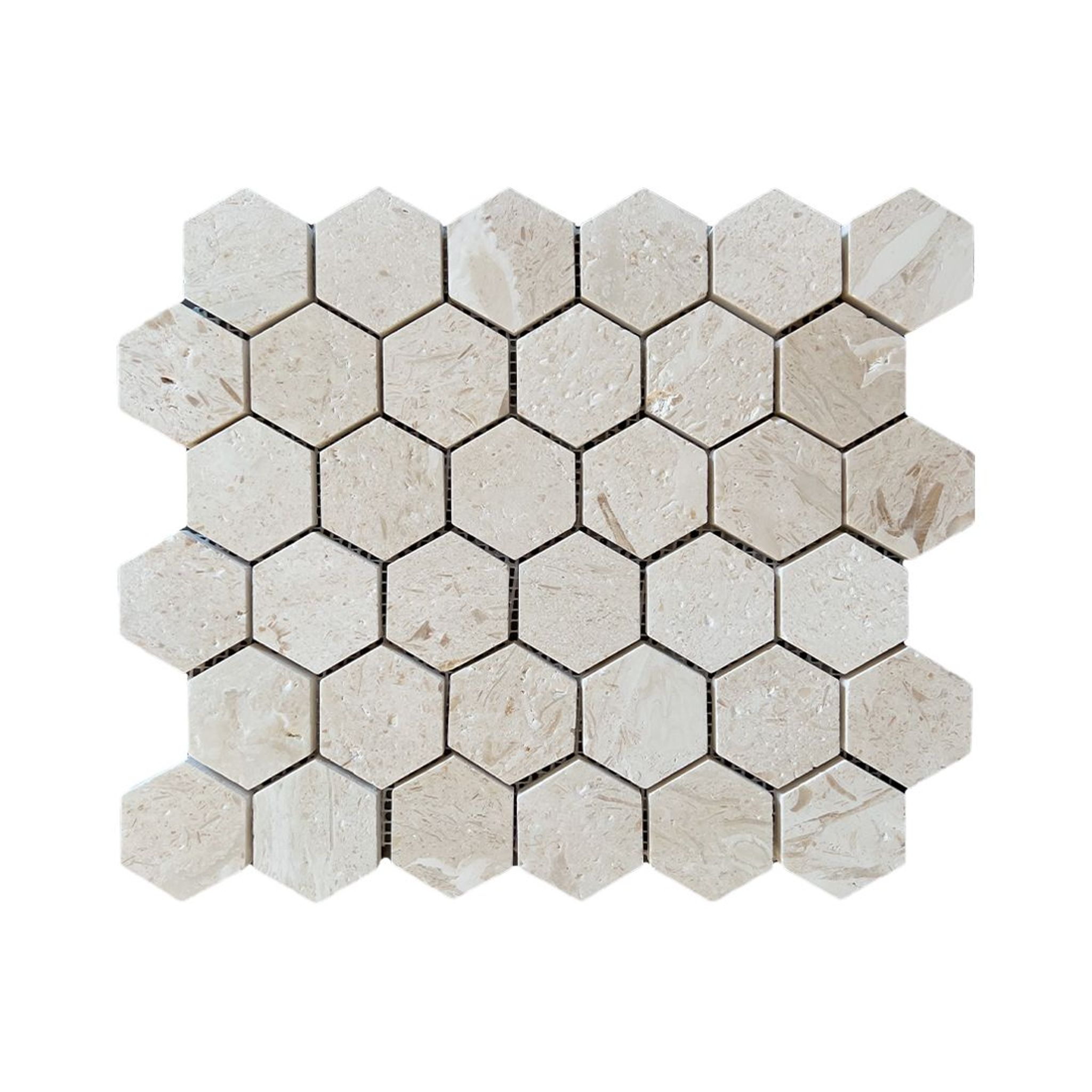 Brushed Shellstone limestone two-inch hexagon mosaic tile, creamy beige with fossils
