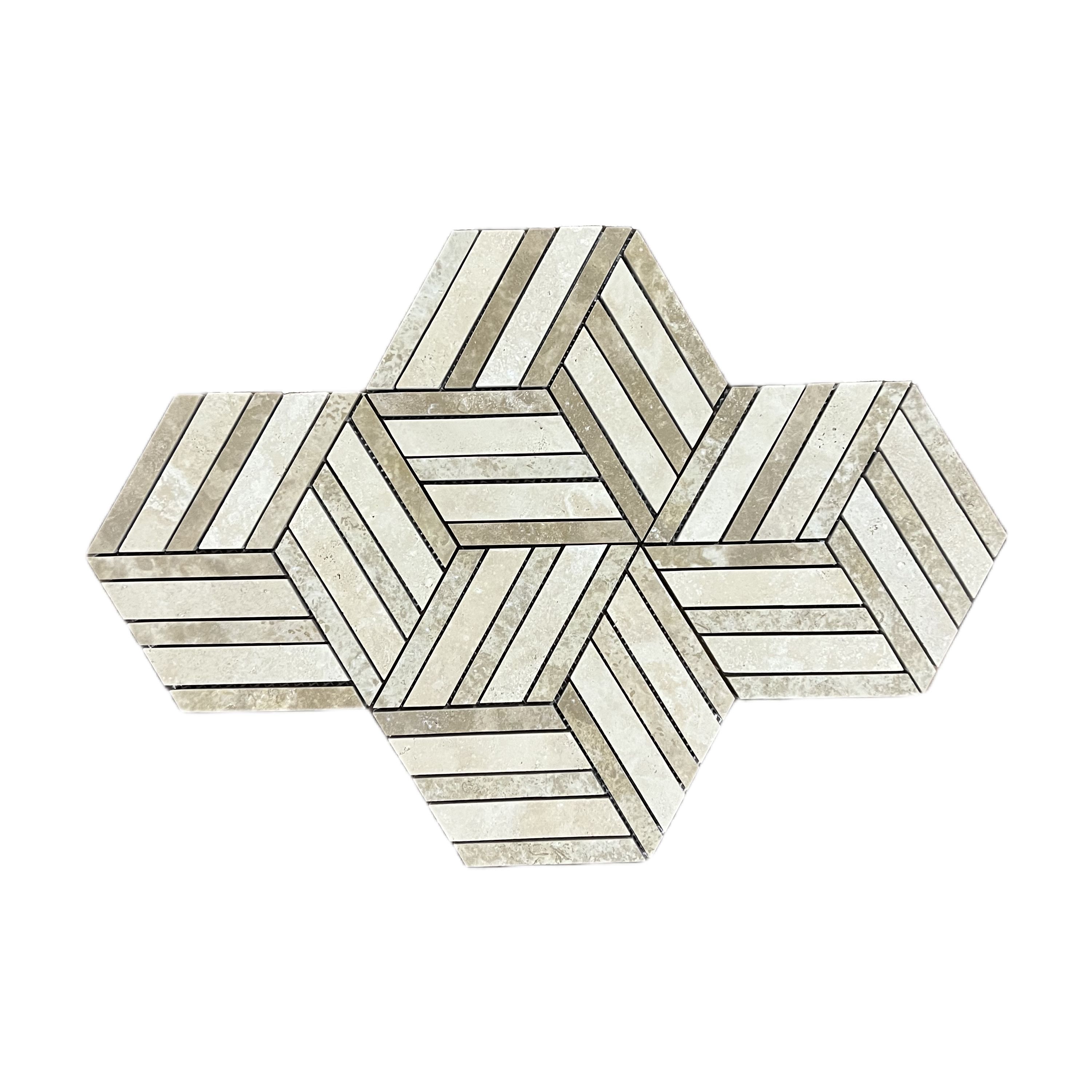 Honed Classic and Noche travertine split hexagon mosaic tile with cubic illusion