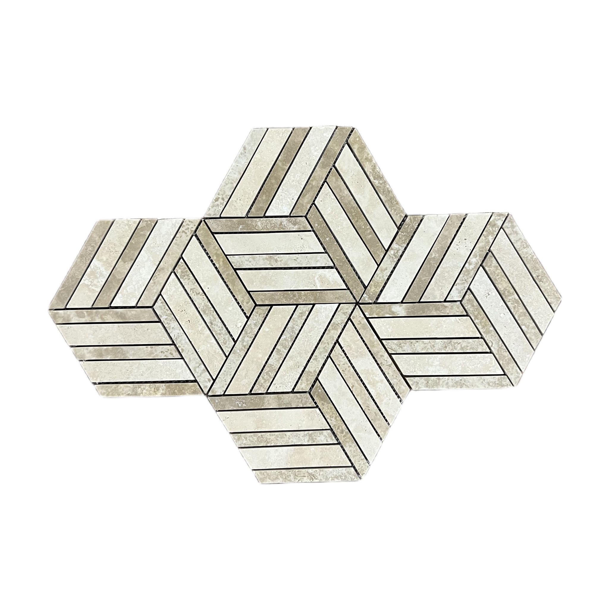 Honed Classic and Noche travertine split hexagon mosaic tile with cubic illusion