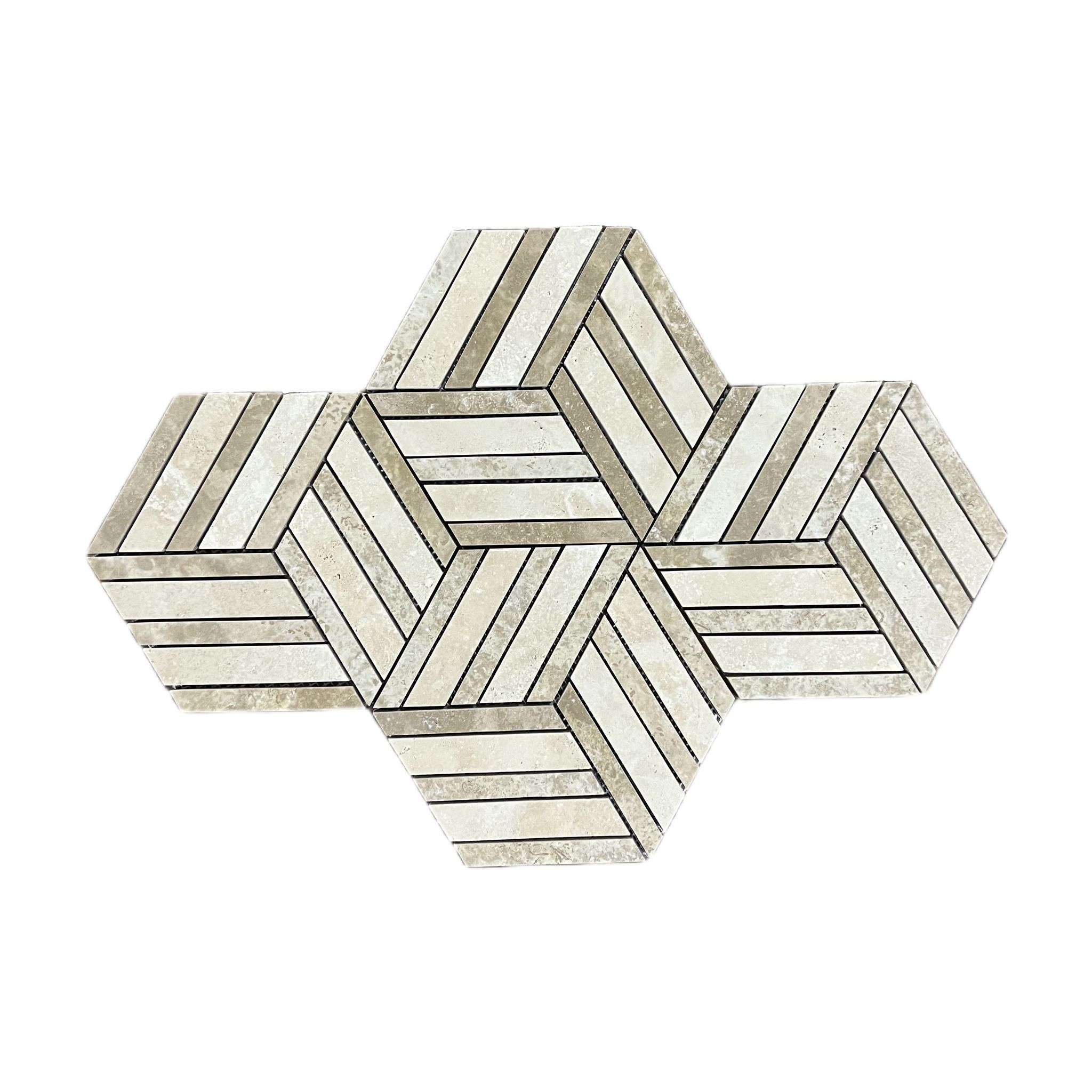 Honed Classic and Noche travertine split hexagon mosaic tile with cubic illusion