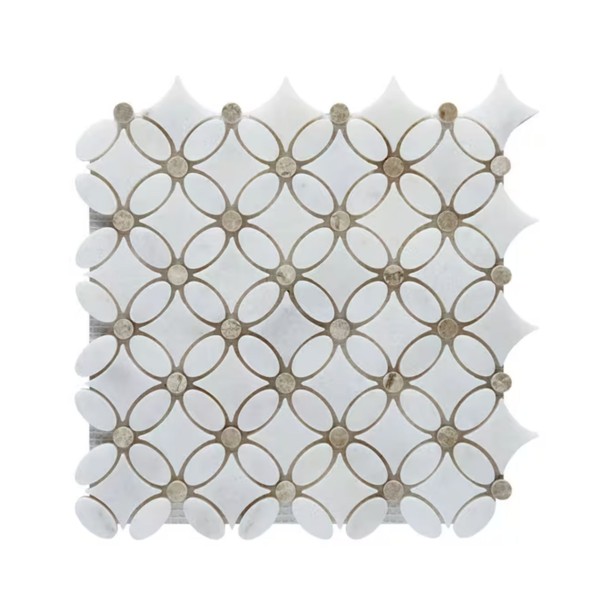 Polished Carrara white and Silver Shadow marble flower mosaic tile in white and taupe