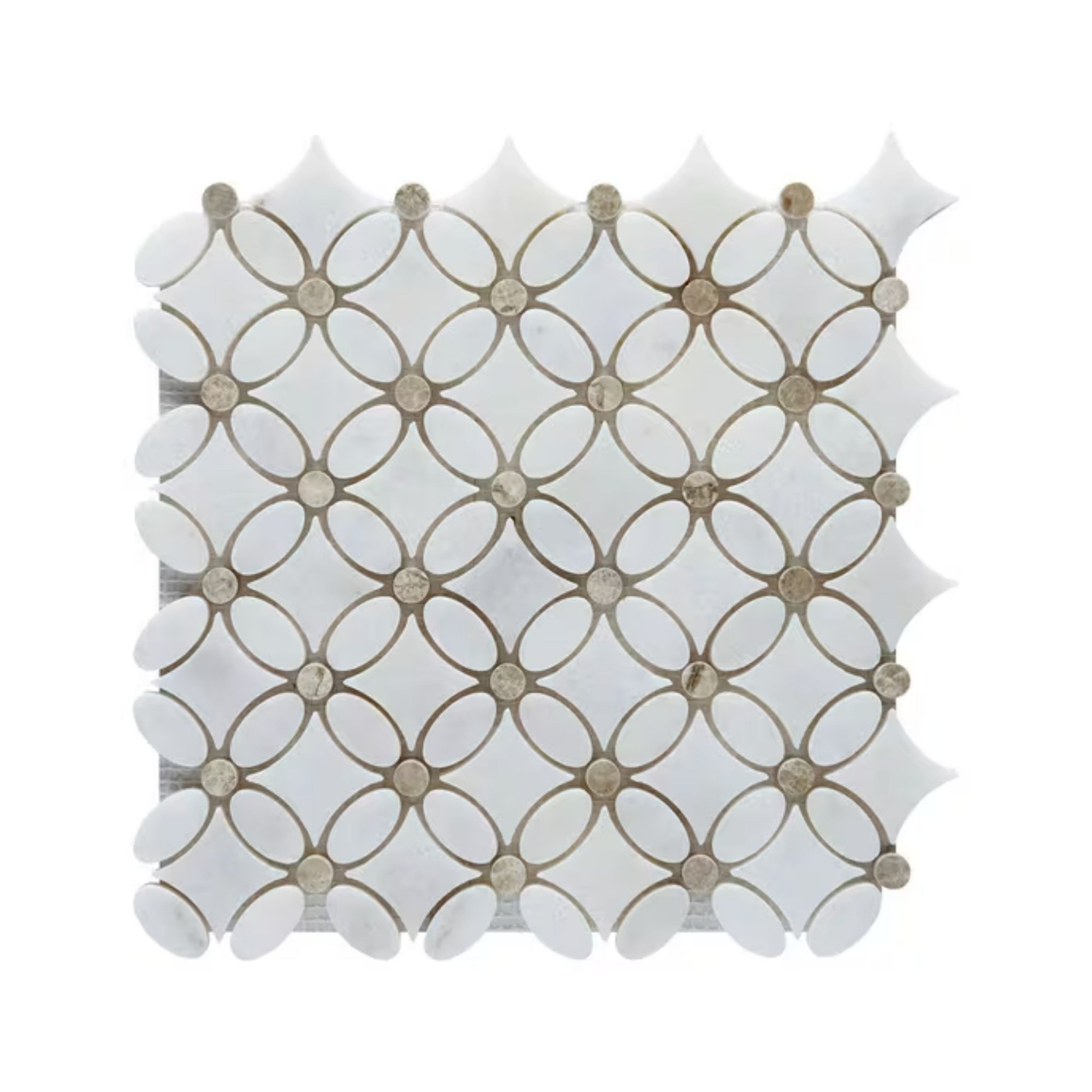 Polished Carrara white and Silver Shadow marble flower mosaic tile in white and taupe