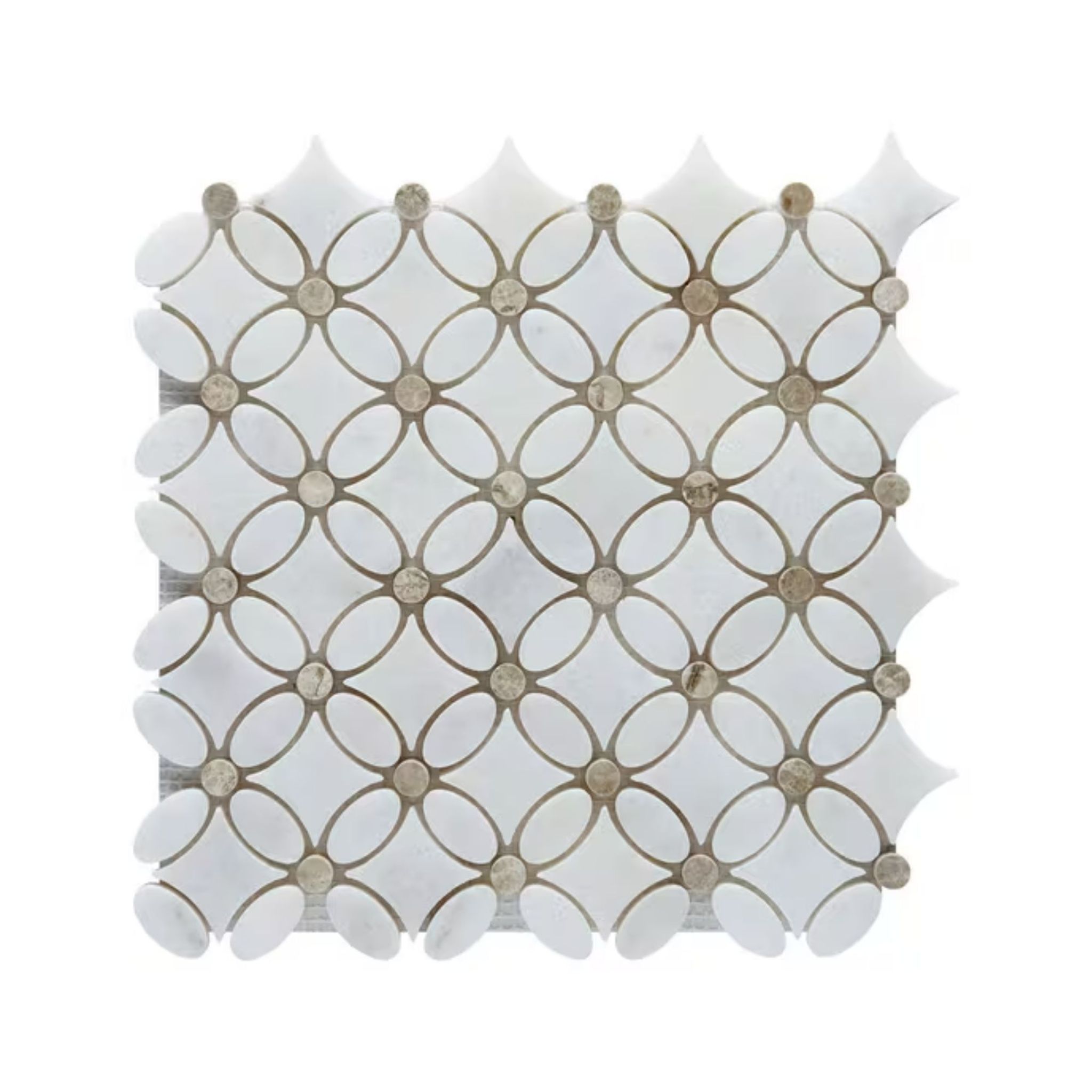 Polished Carrara white and Silver Shadow marble flower mosaic tile in white and taupe