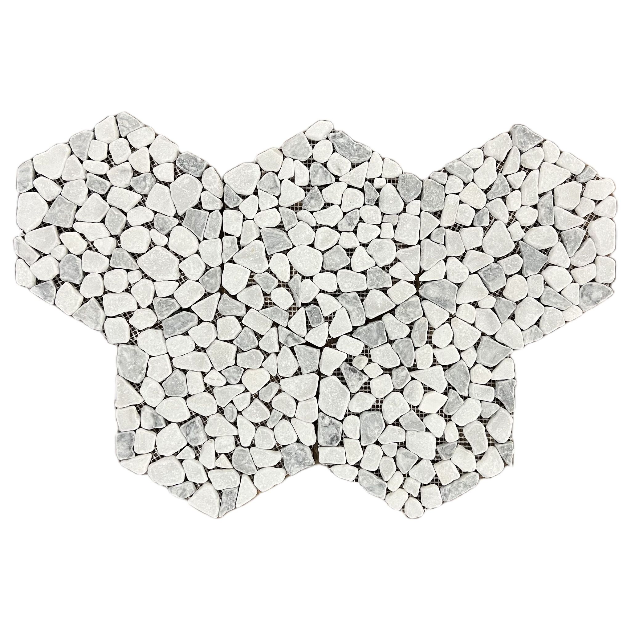 Tumbled Carrara white and platinum grey marble pebble hexagon mosaic tile