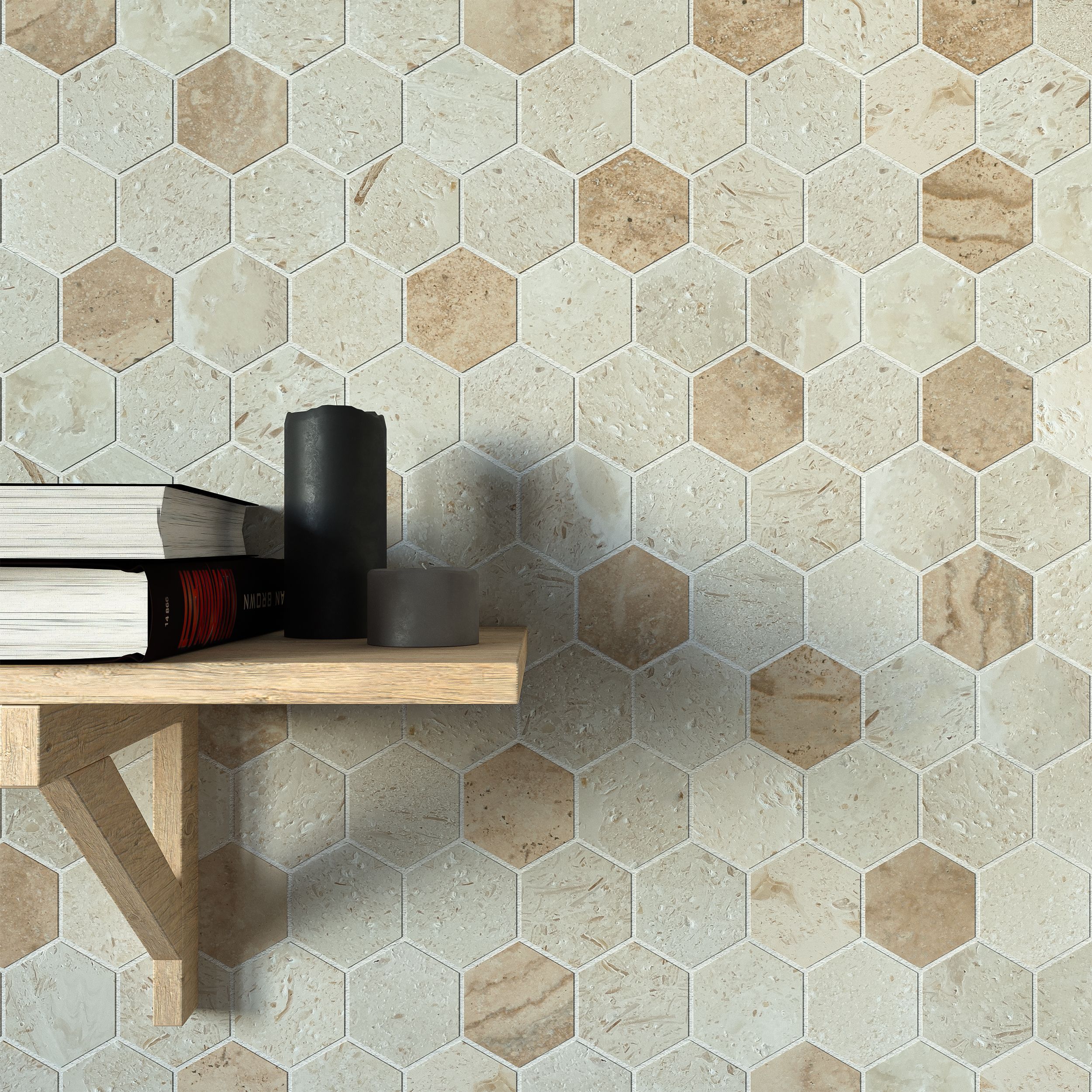 Brushed Shellstone and Valencia limestone hexagon mosaic tile in cream and warm taupe thumbnail 2