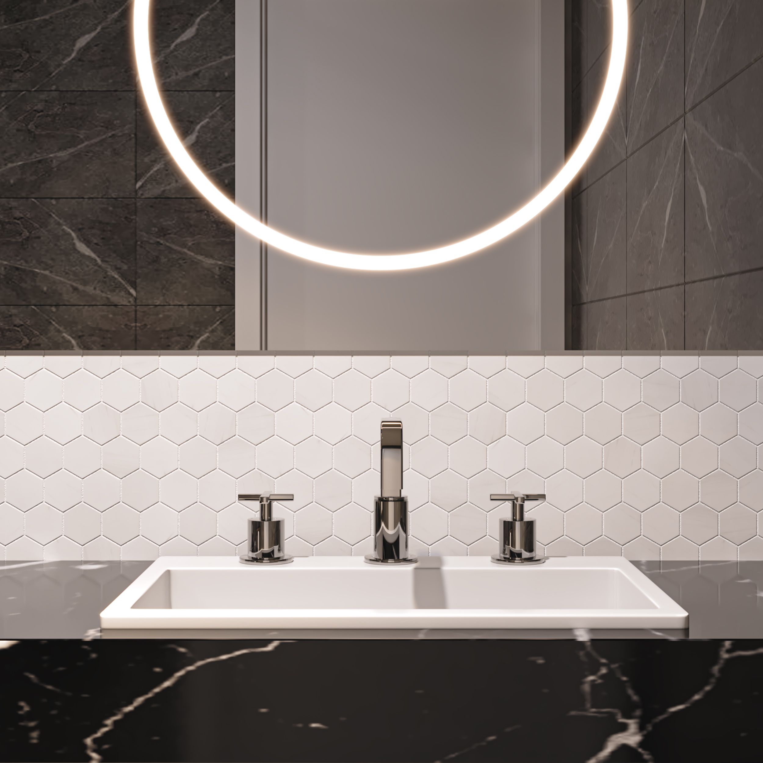 Polished dolomite marble two-inch hexagon mosaic tile, icy white with grey veining thumbnail 2