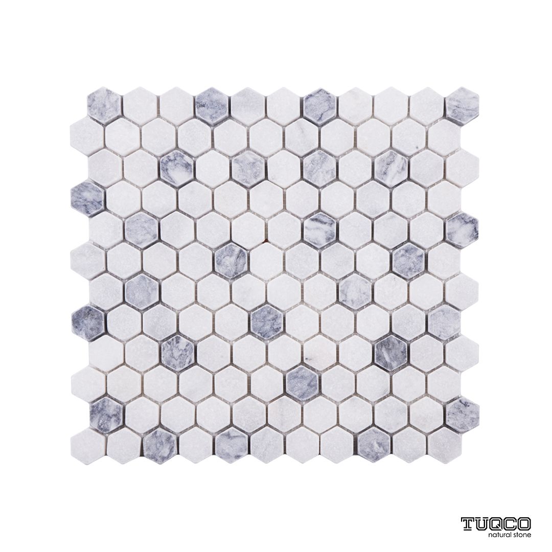 Tumbled Carrara white and platinum grey marble one-inch hexagon mosaic tile with grey accents