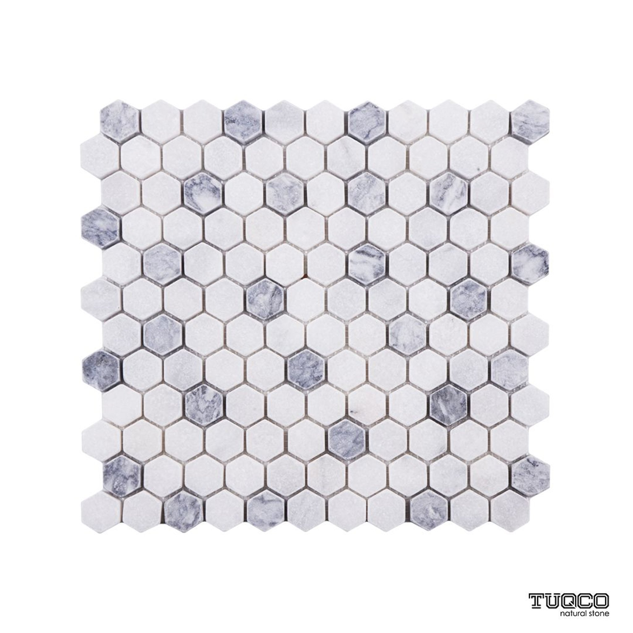 Tumbled Carrara white and platinum grey marble one-inch hexagon mosaic tile with grey accents