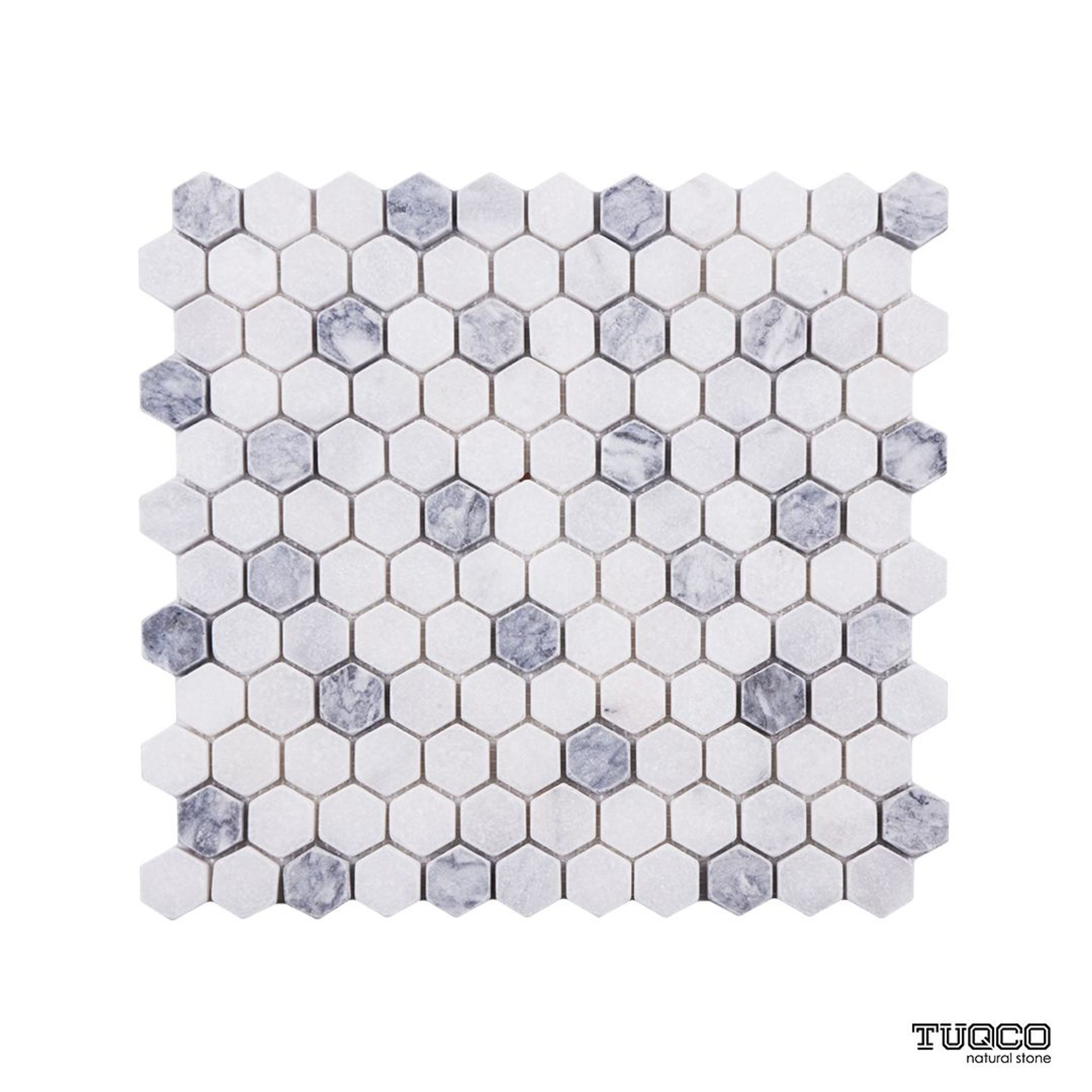 Tumbled Carrara white and platinum grey marble one-inch hexagon mosaic tile with grey accents