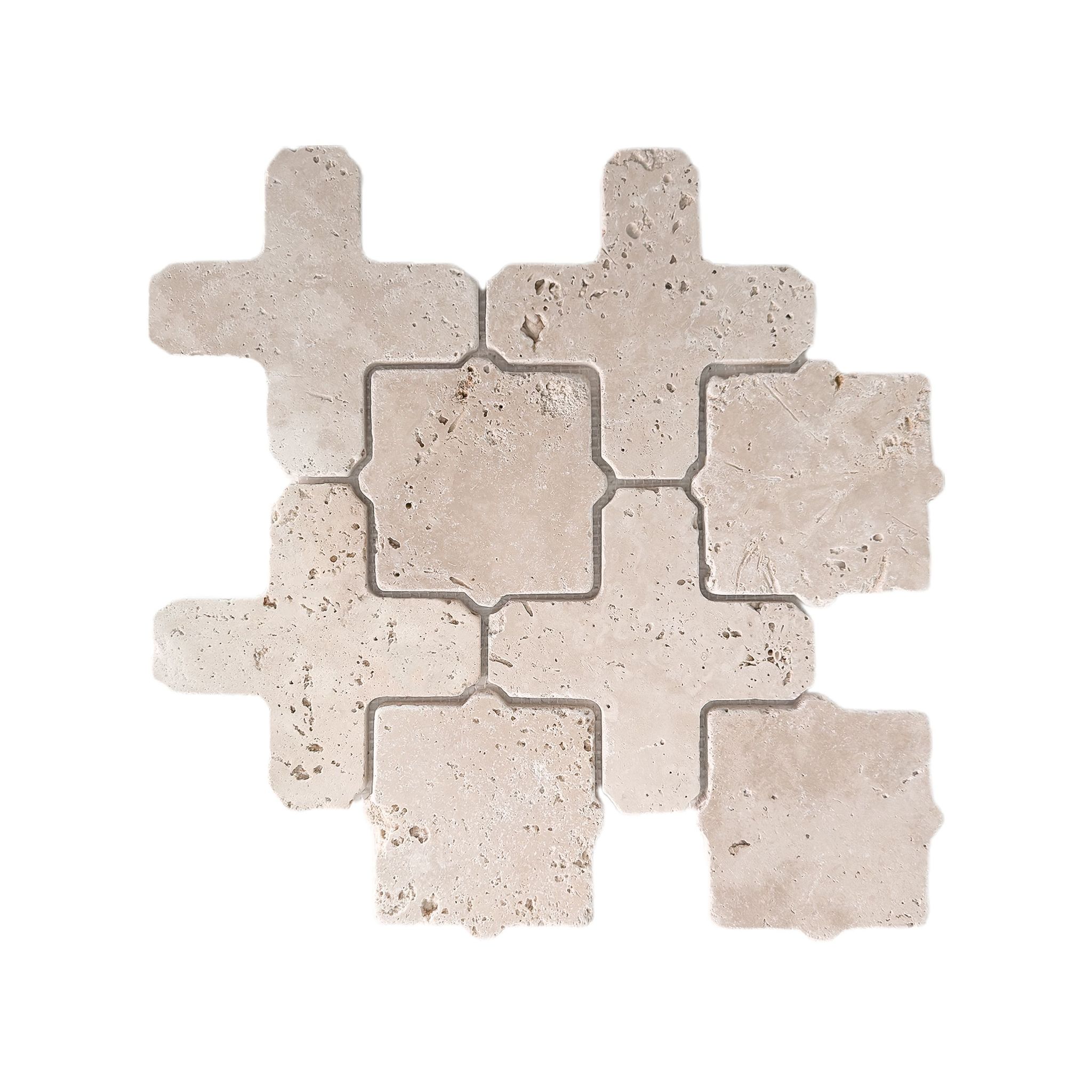 Tumbled travertine Casablanca mosaic tile in ivory, cream and beige with fossil pitting