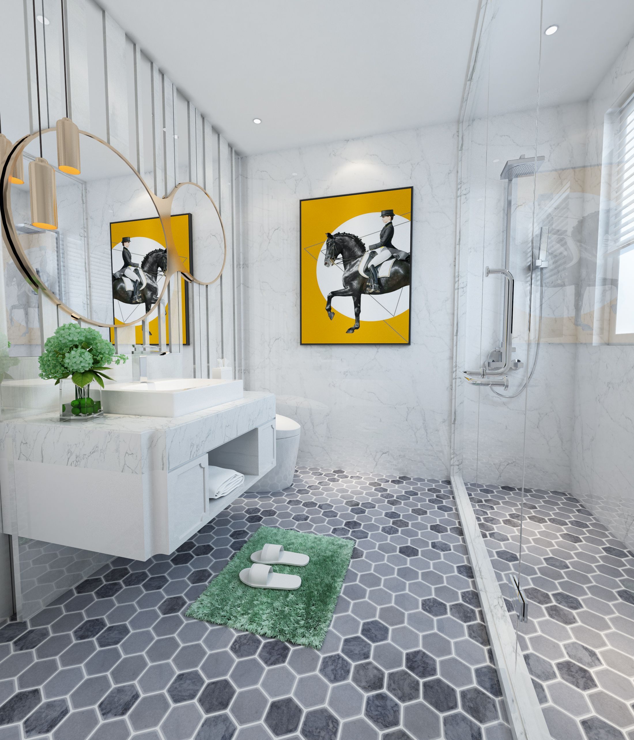 Tumbled Carrara white and platinum grey marble two-inch hexagon mosaic tile with grey accents thumbnail 2