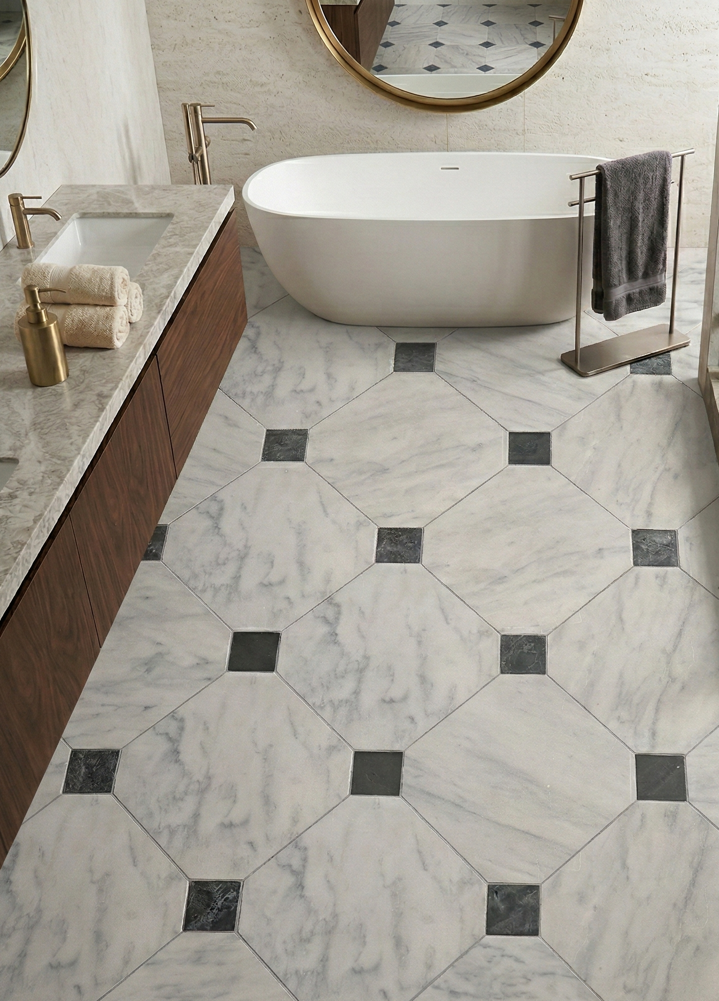 Honed Carrara white and Selene marble octagon tile, white with charcoal cabochons thumbnail 3