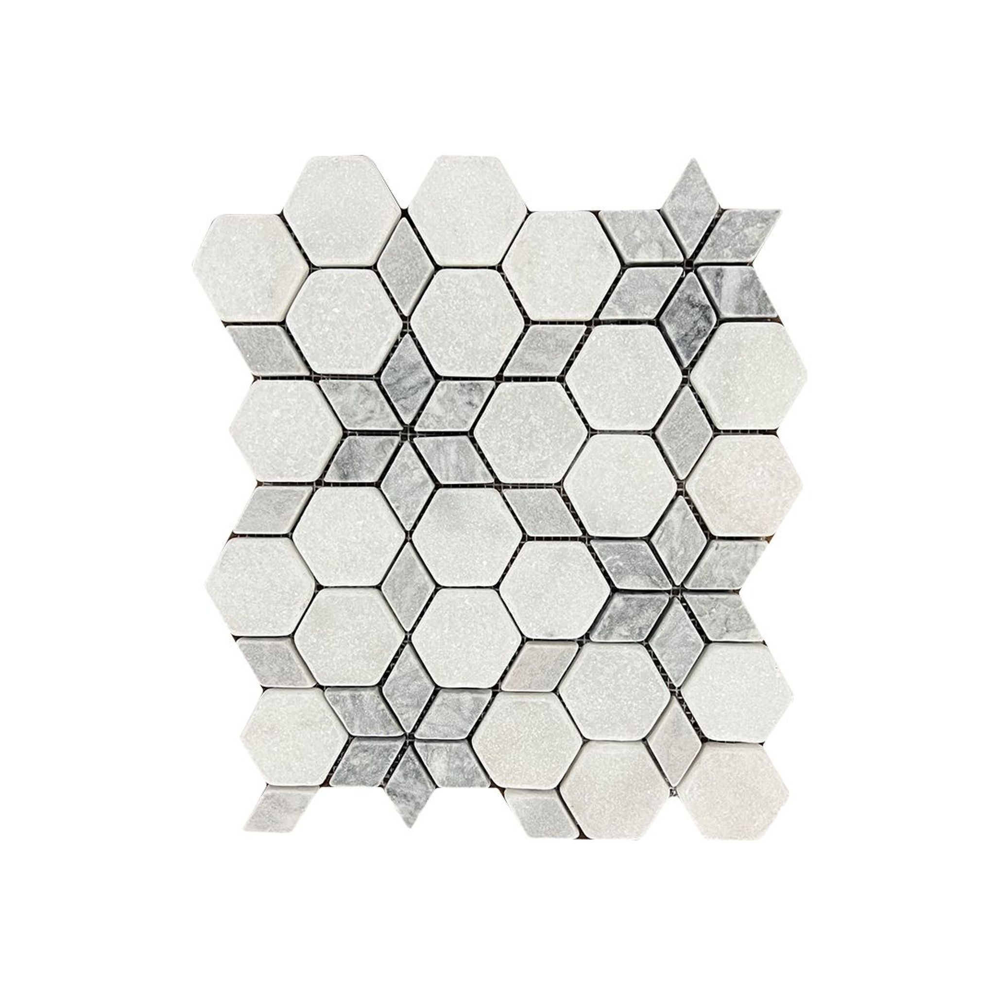 Tumbled Carrara white and platinum grey marble starline mosaic tile with grey six-point stars