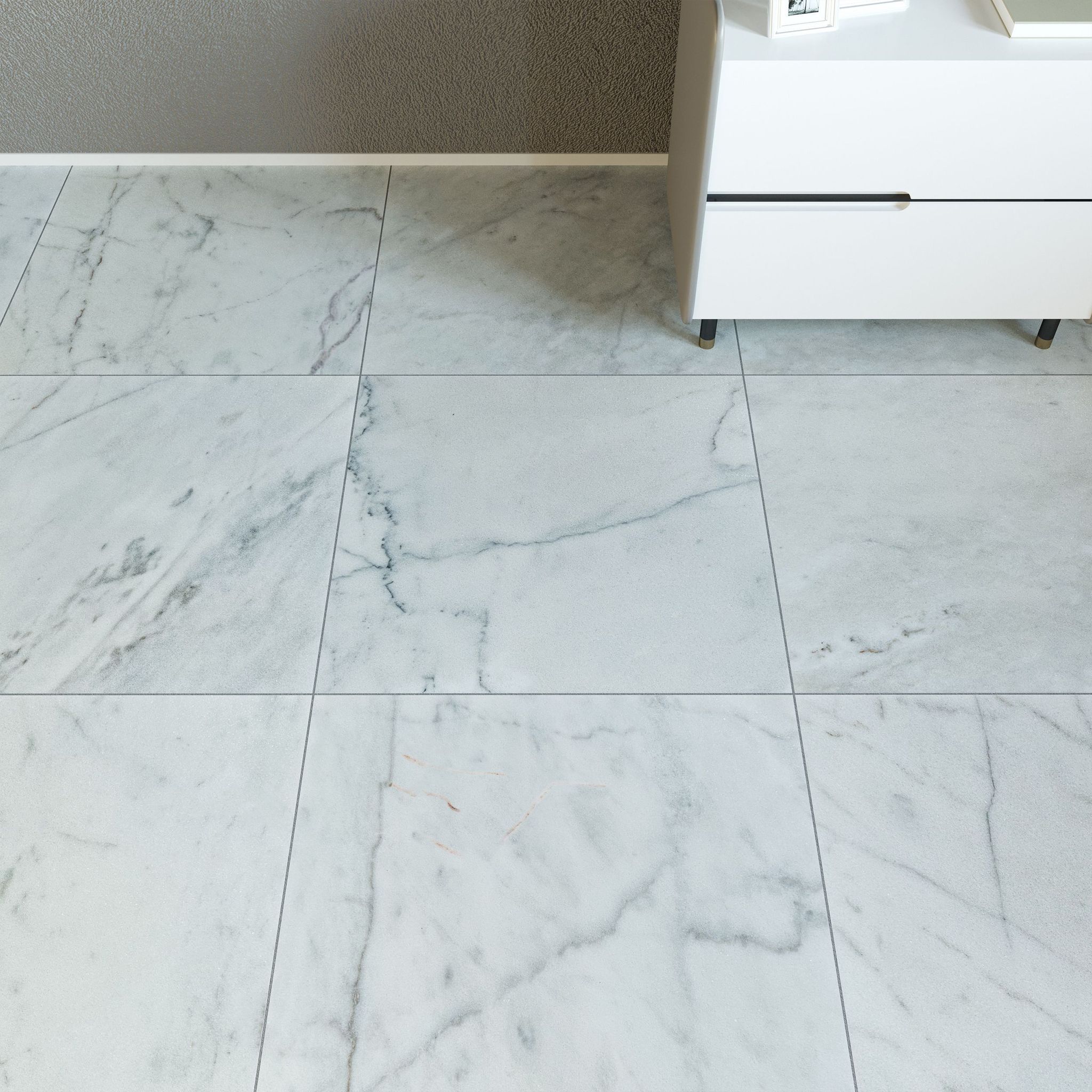 Honed Carrara White marble tile, luminous white with fine grey veining