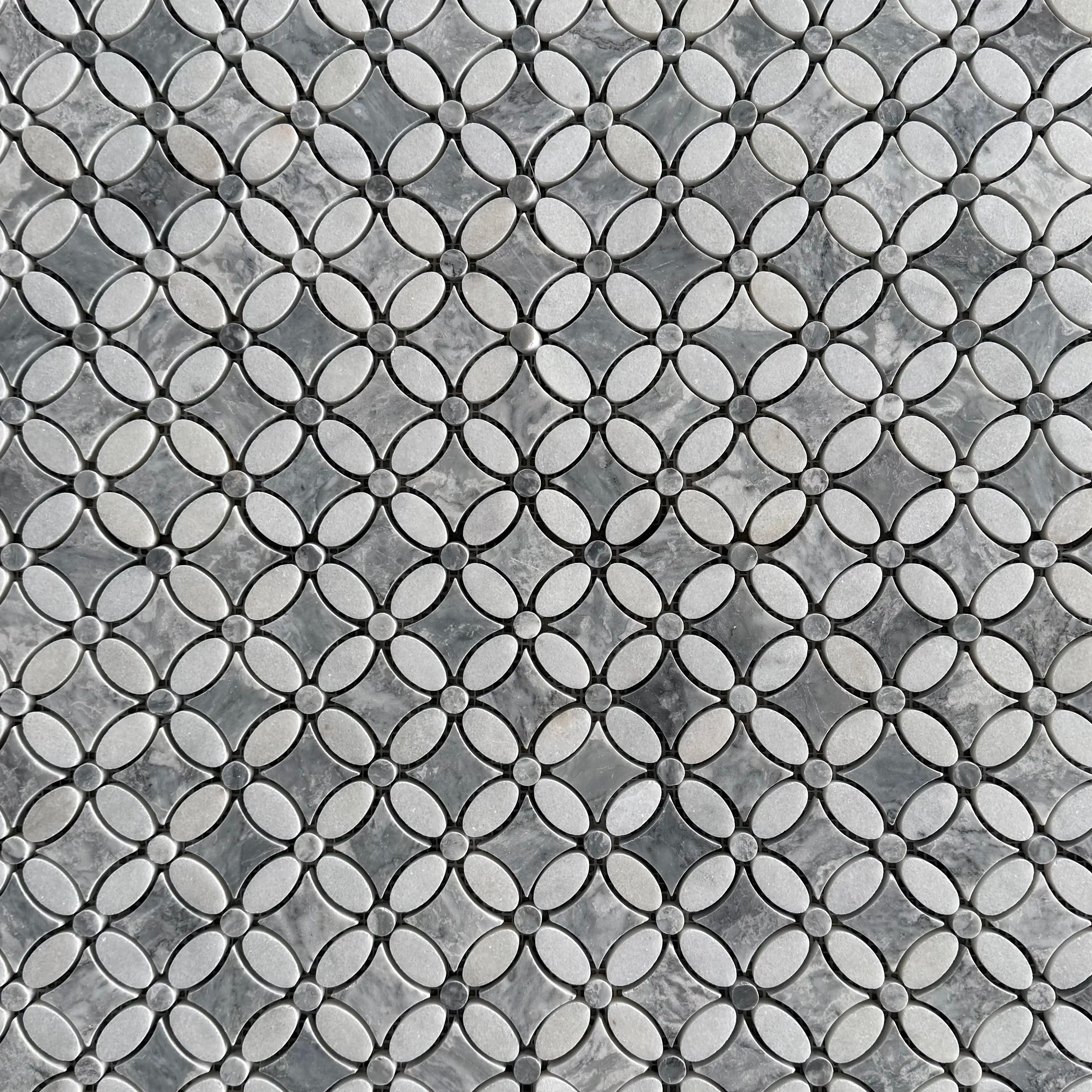 Polished Carrara white and platinum grey marble flower mosaic tile with grey nodes thumbnail 2