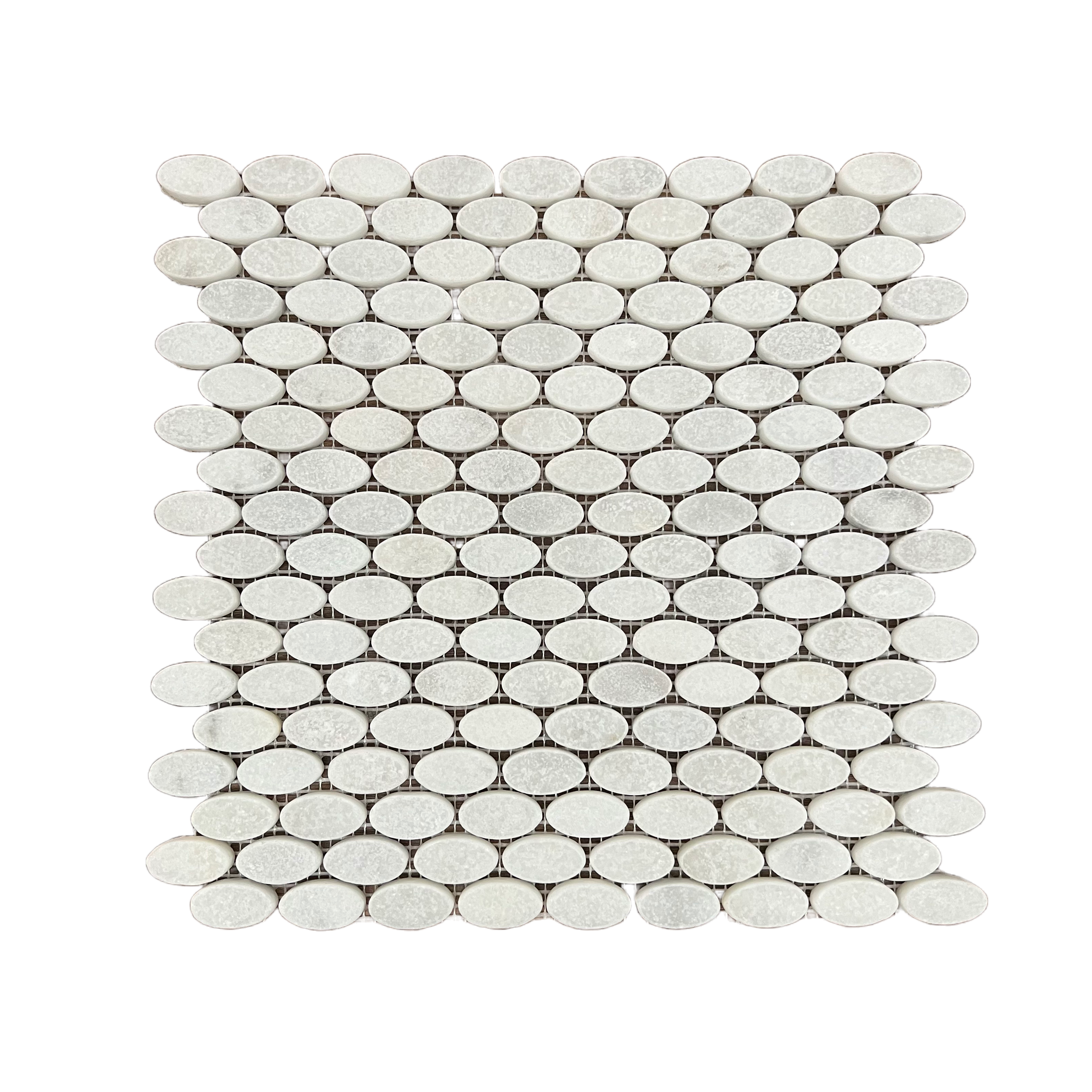 Tumbled Carrara White marble ellipse mosaic tile with soft grey veining