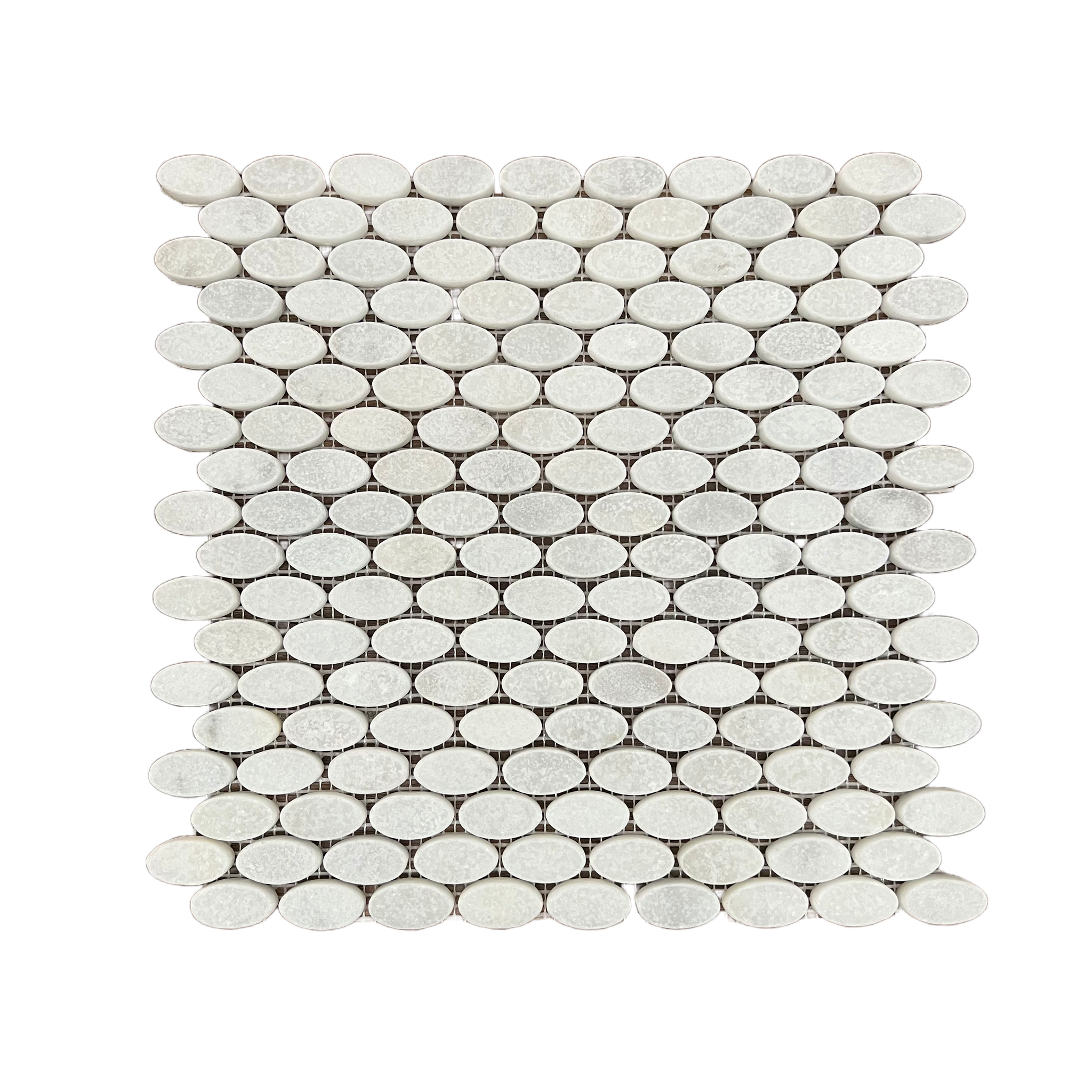 Tumbled Carrara White marble ellipse mosaic tile with soft grey veining