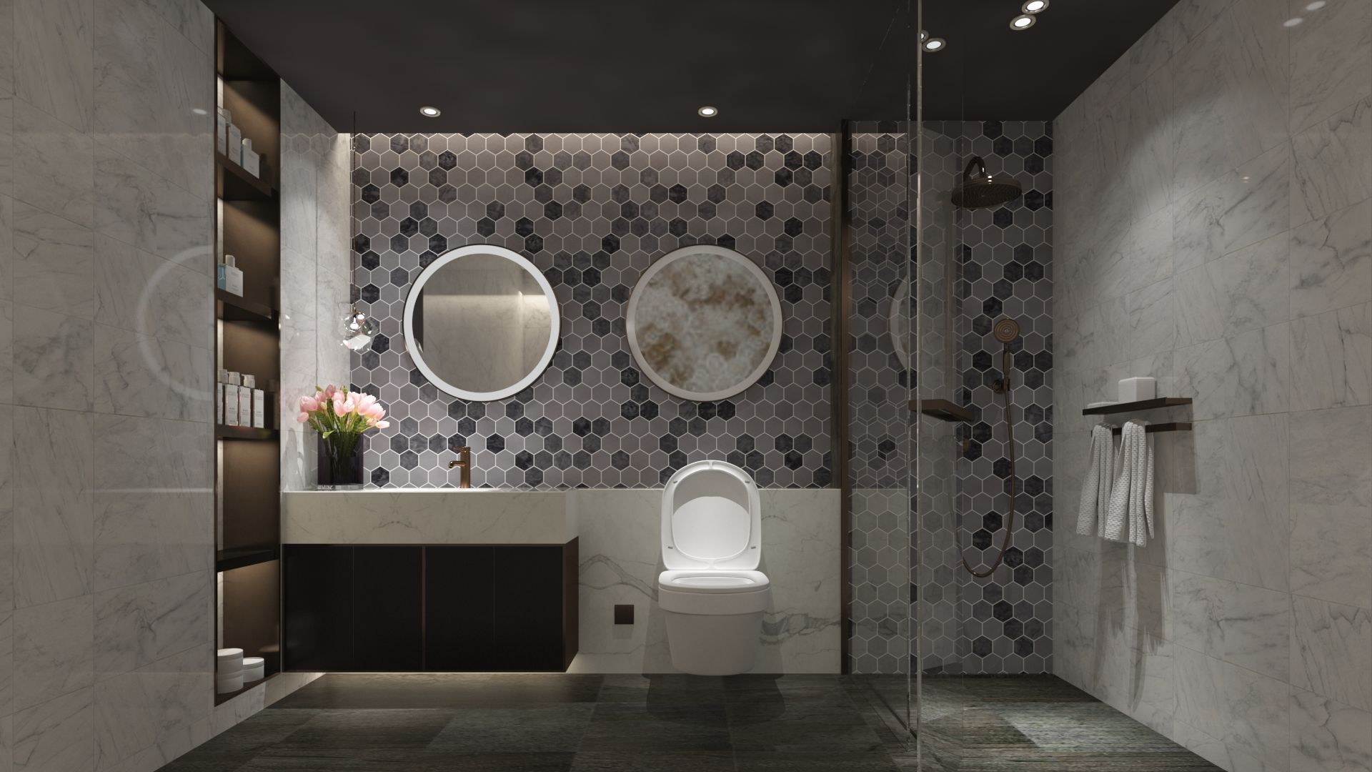 Honed Carrara white and platinum grey marble two-inch hexagon mosaic tile with grey accents thumbnail 2