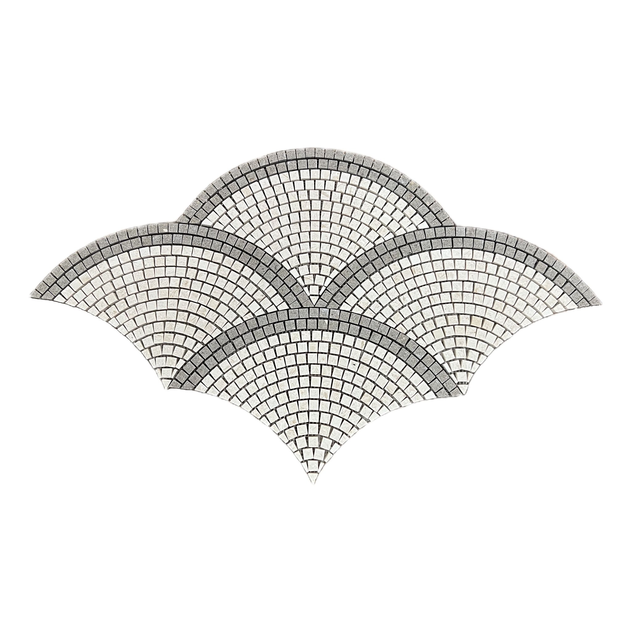 Honed creamy beige and rustic green limestone fan scallop mosaic tile with green borders