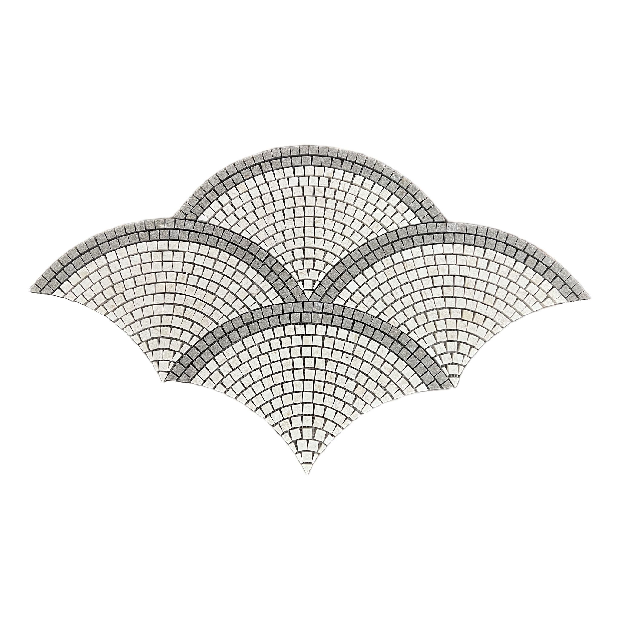 Honed creamy beige and rustic green limestone fan scallop mosaic tile with green borders
