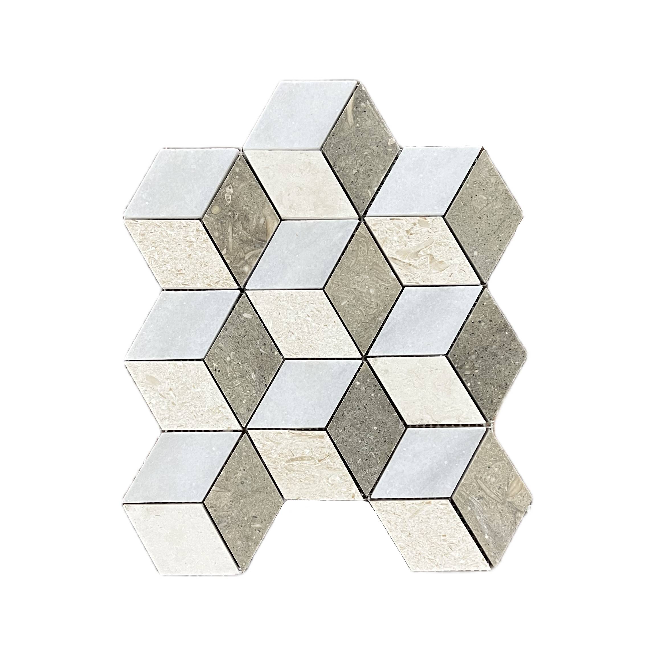 3D cube rhombus honed limestone mosaic tile in white, cream and taupe-grey