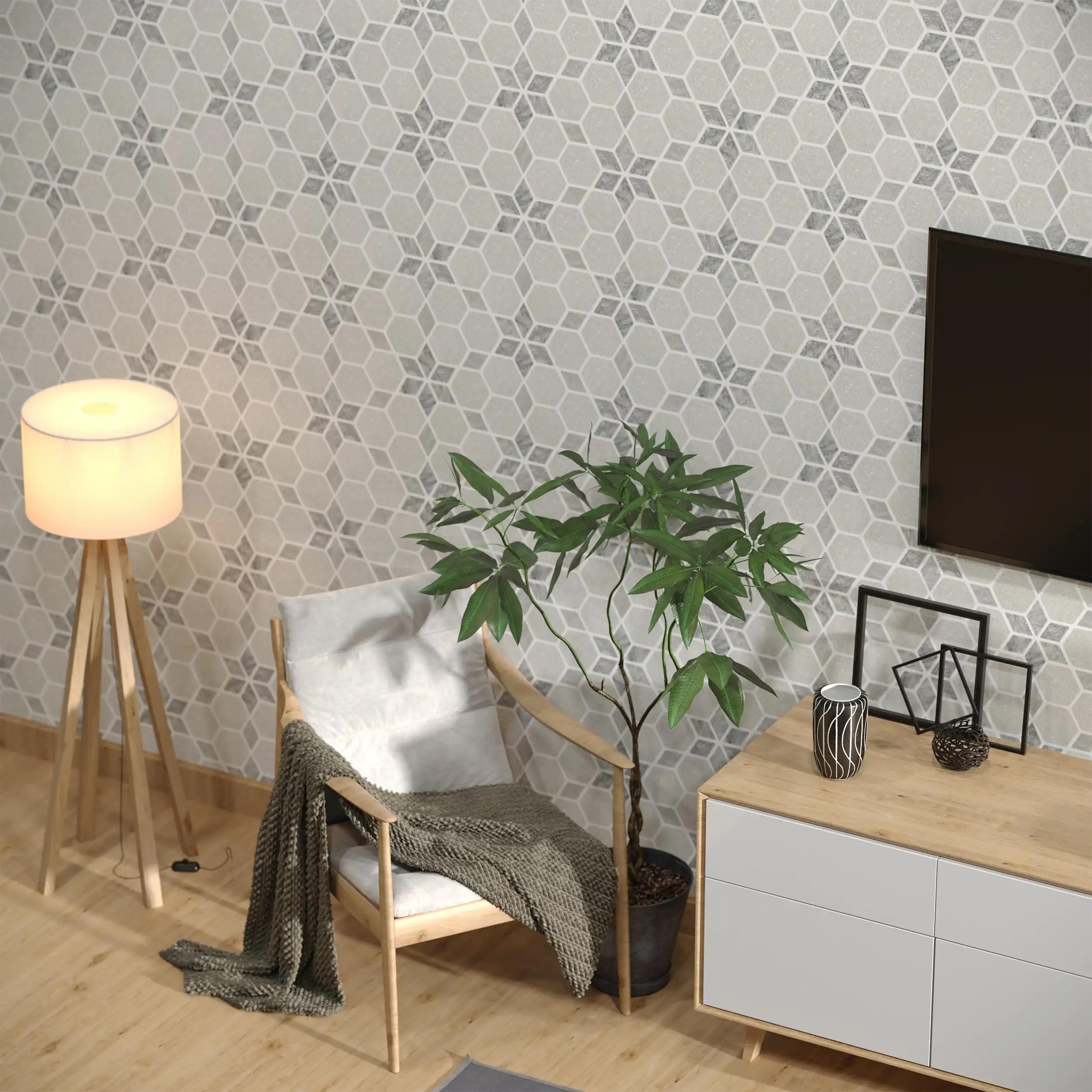 Tumbled Carrara white and platinum grey marble starline mosaic tile with grey six-point stars thumbnail 2