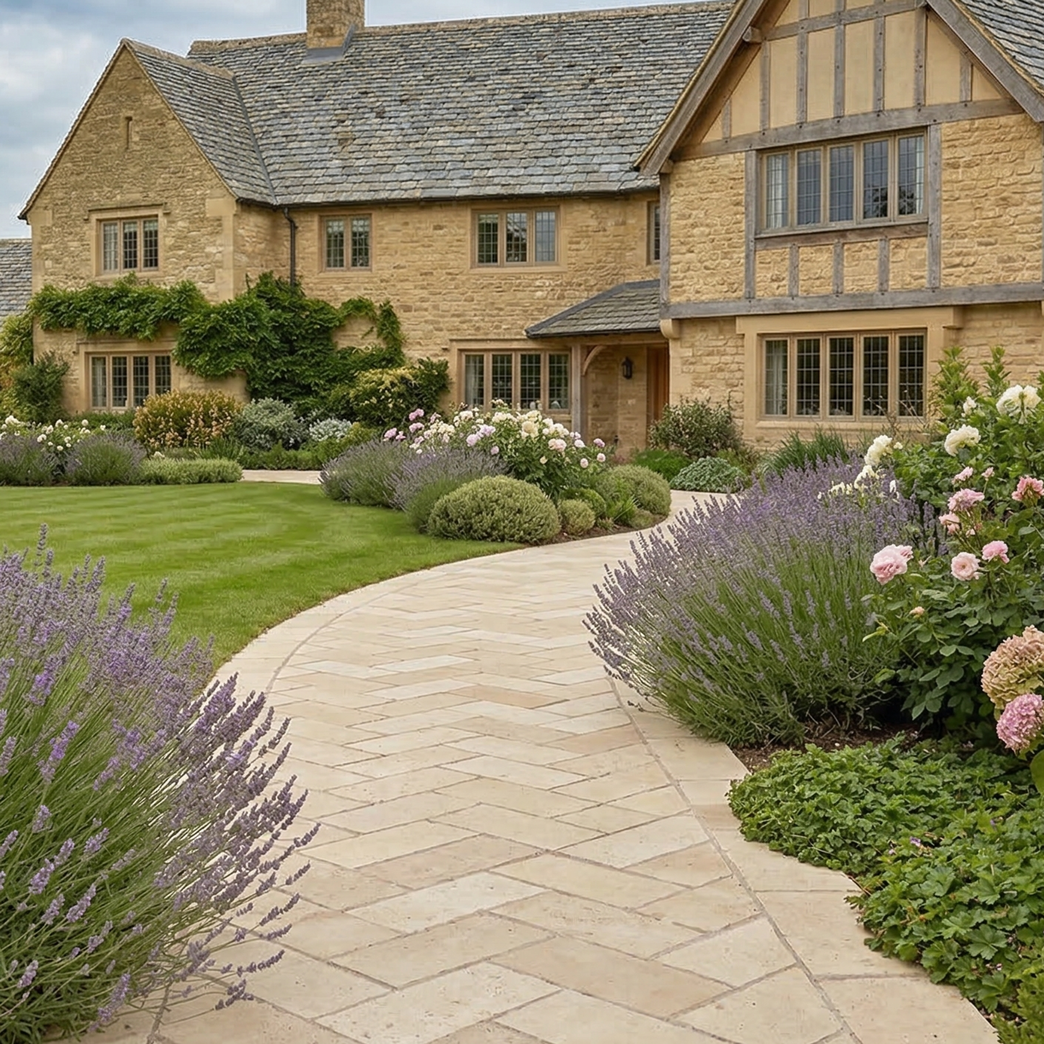 Tumbled Light travertine paving cobble tiles in biscuit, cream and ivory