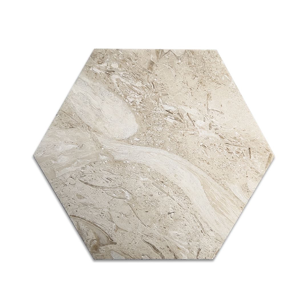 Brushed Shellstone limestone hexagon tile in sandy beige and ecru with fossils