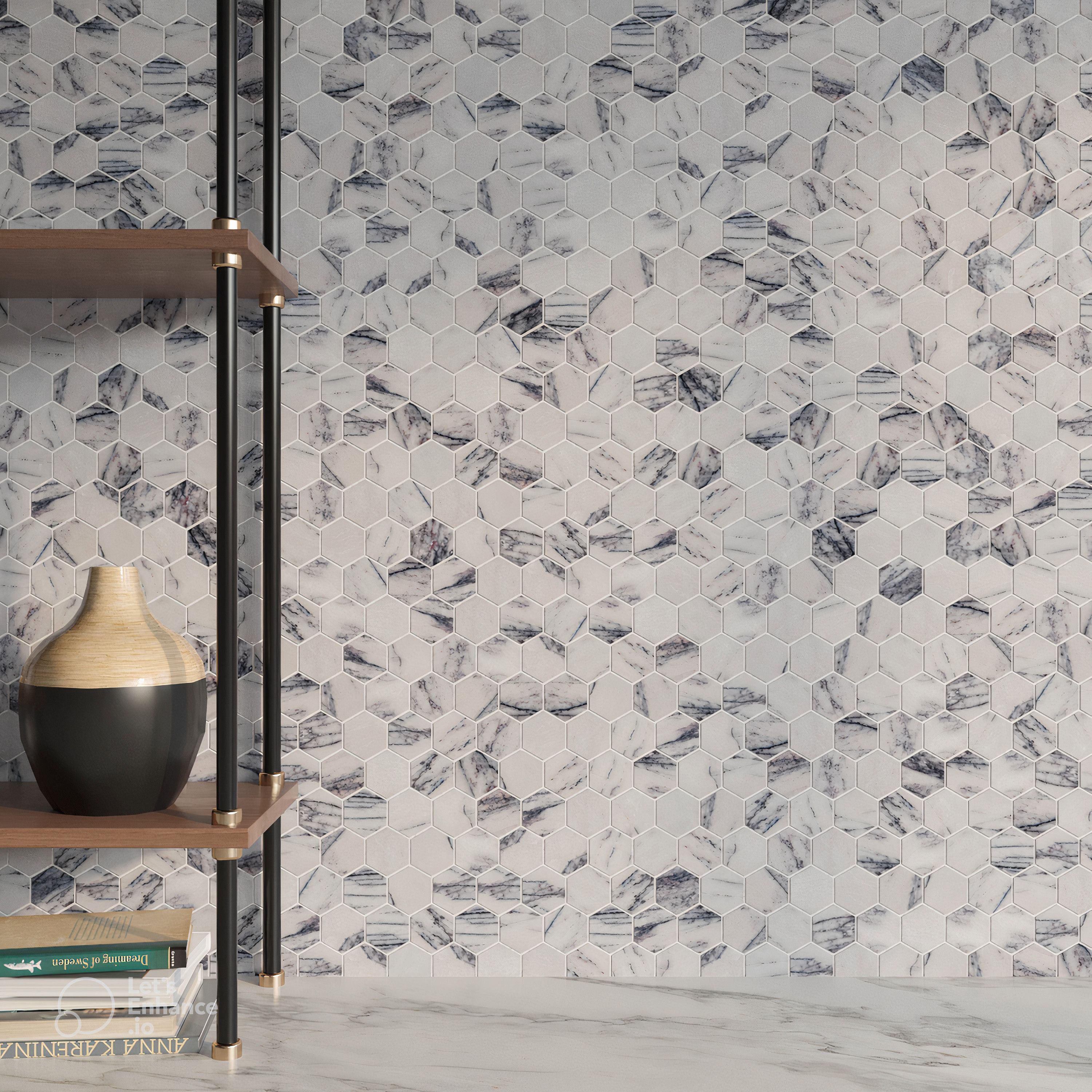 Polished Calacatta Viola marble hexagon mosaic tile, white with violet and charcoal veining thumbnail 2