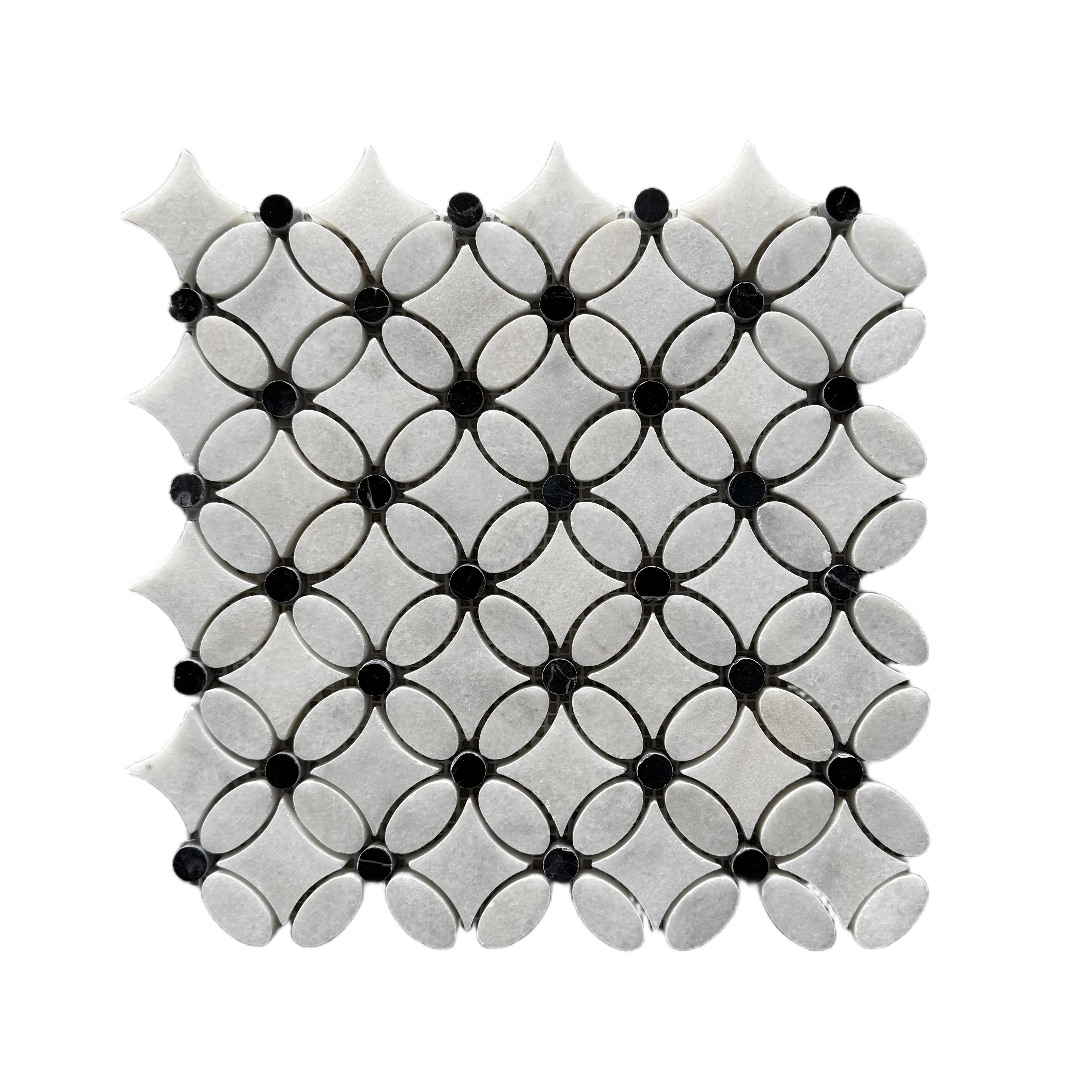 Polished Carrara white and Nero Marquina marble flower mosaic tile with black dots