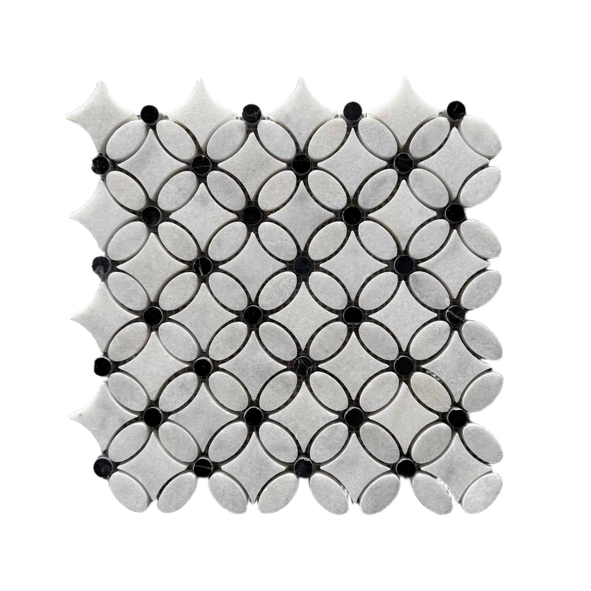Polished Carrara white and Nero Marquina marble flower mosaic tile with black dots