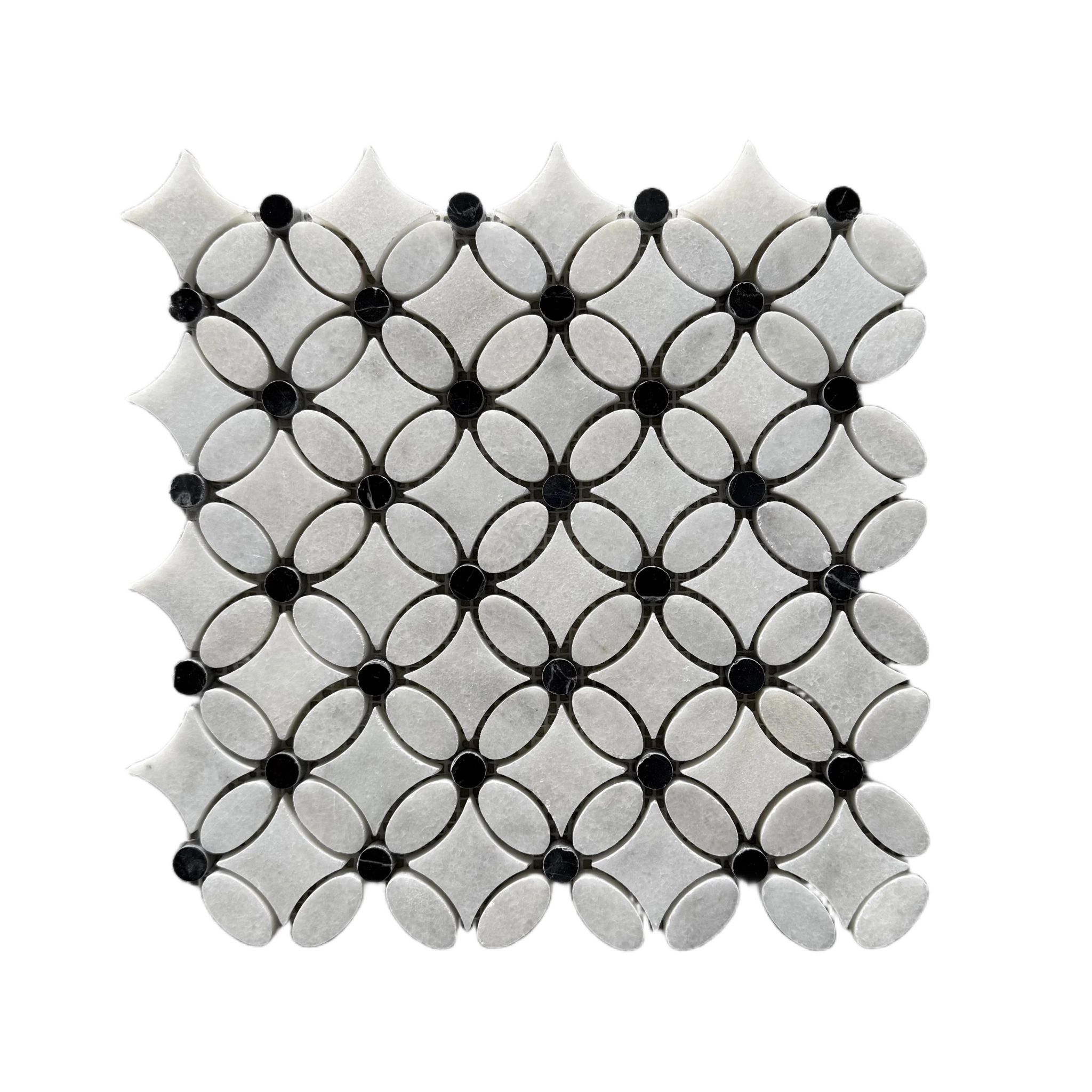 Polished Carrara white and Nero Marquina marble flower mosaic tile with black dots