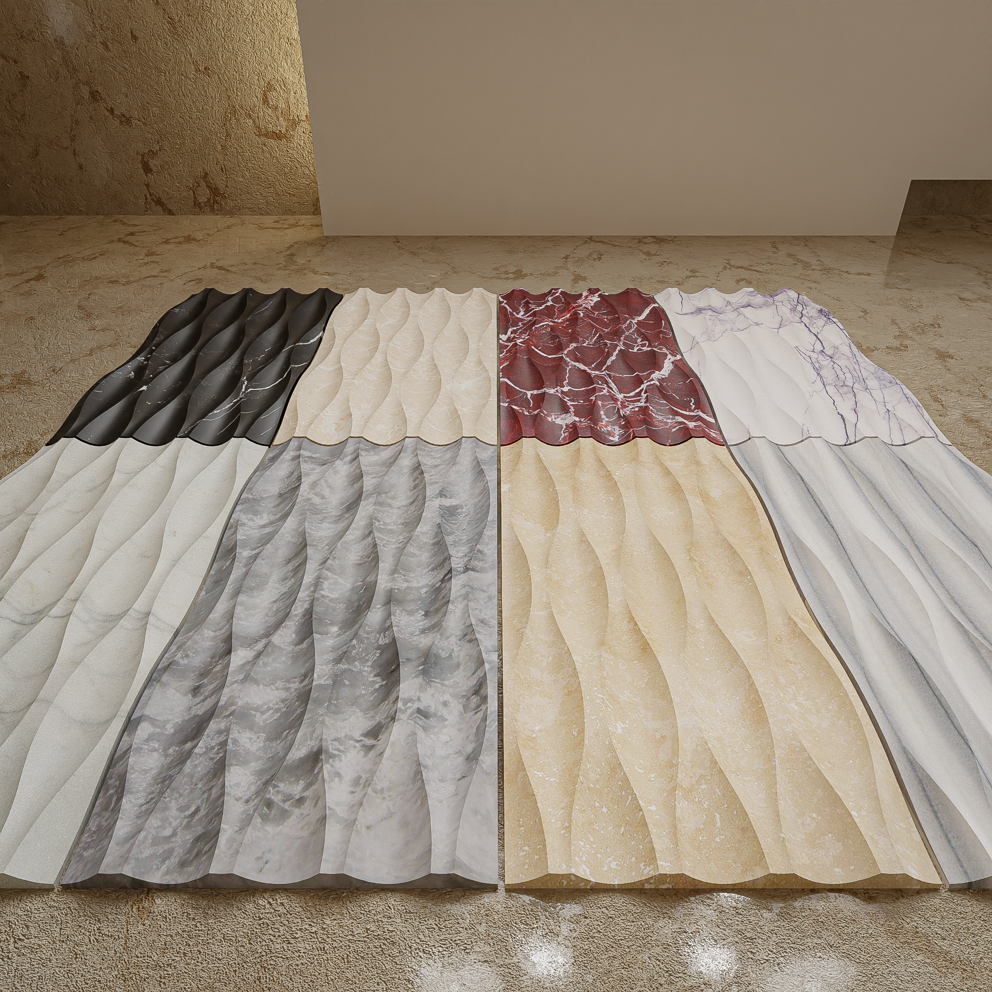 Travertine wave decor tile with sculptural 3D relief in sandy beige, biscuit and ivory thumbnail 2