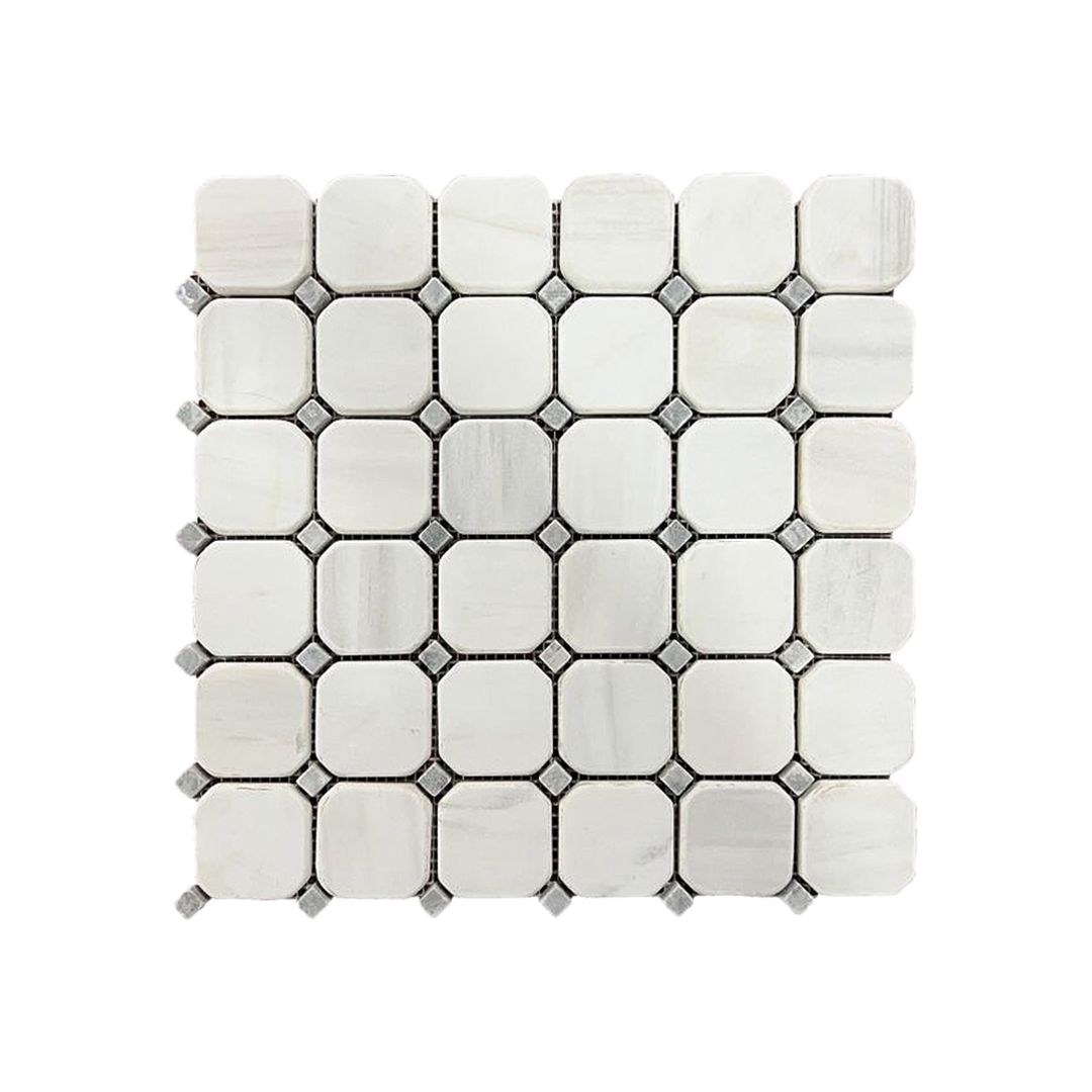 Tumbled dolomite octagon and dot mosaic tile in luminous white with soft grey veining