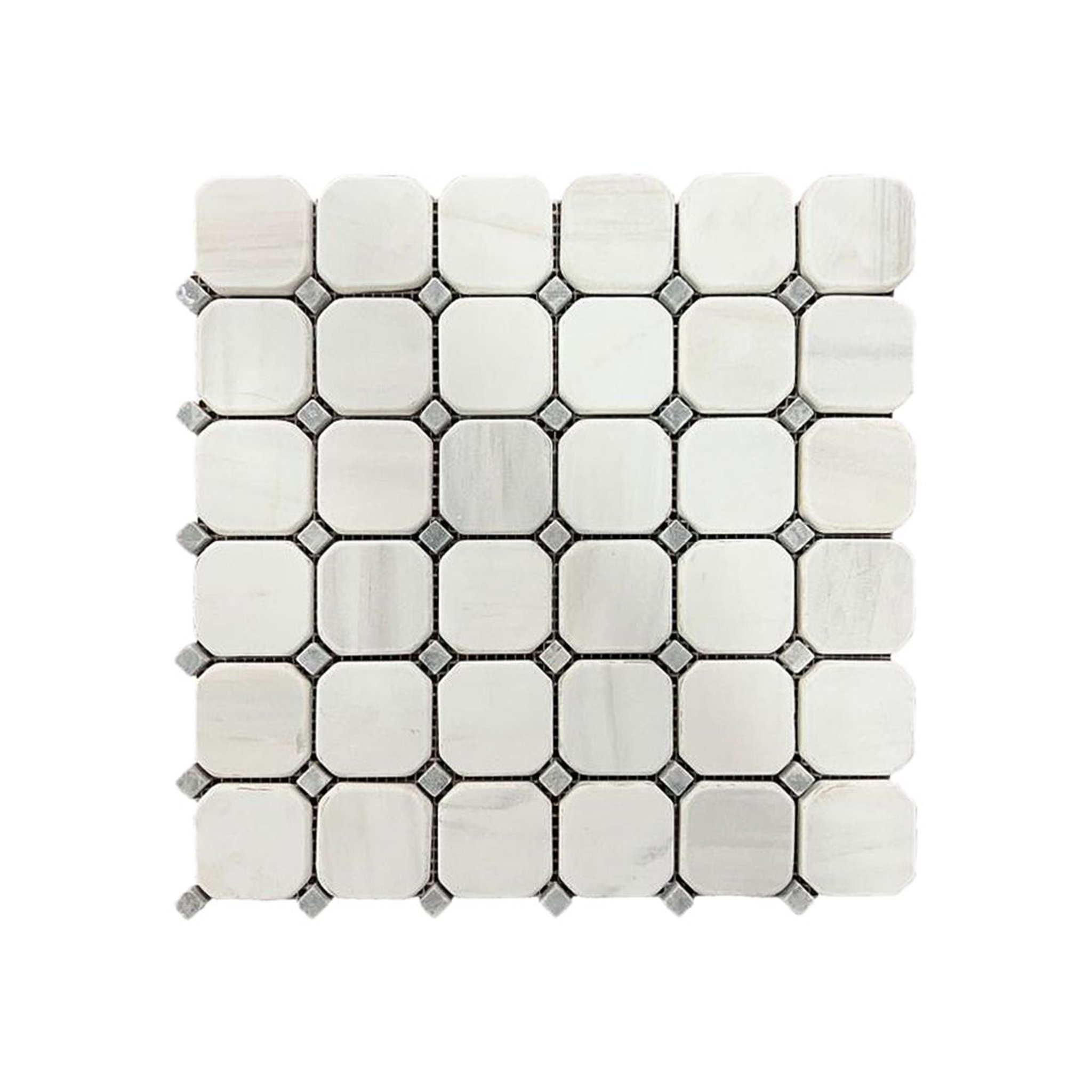 Tumbled dolomite octagon and dot mosaic tile in luminous white with soft grey veining