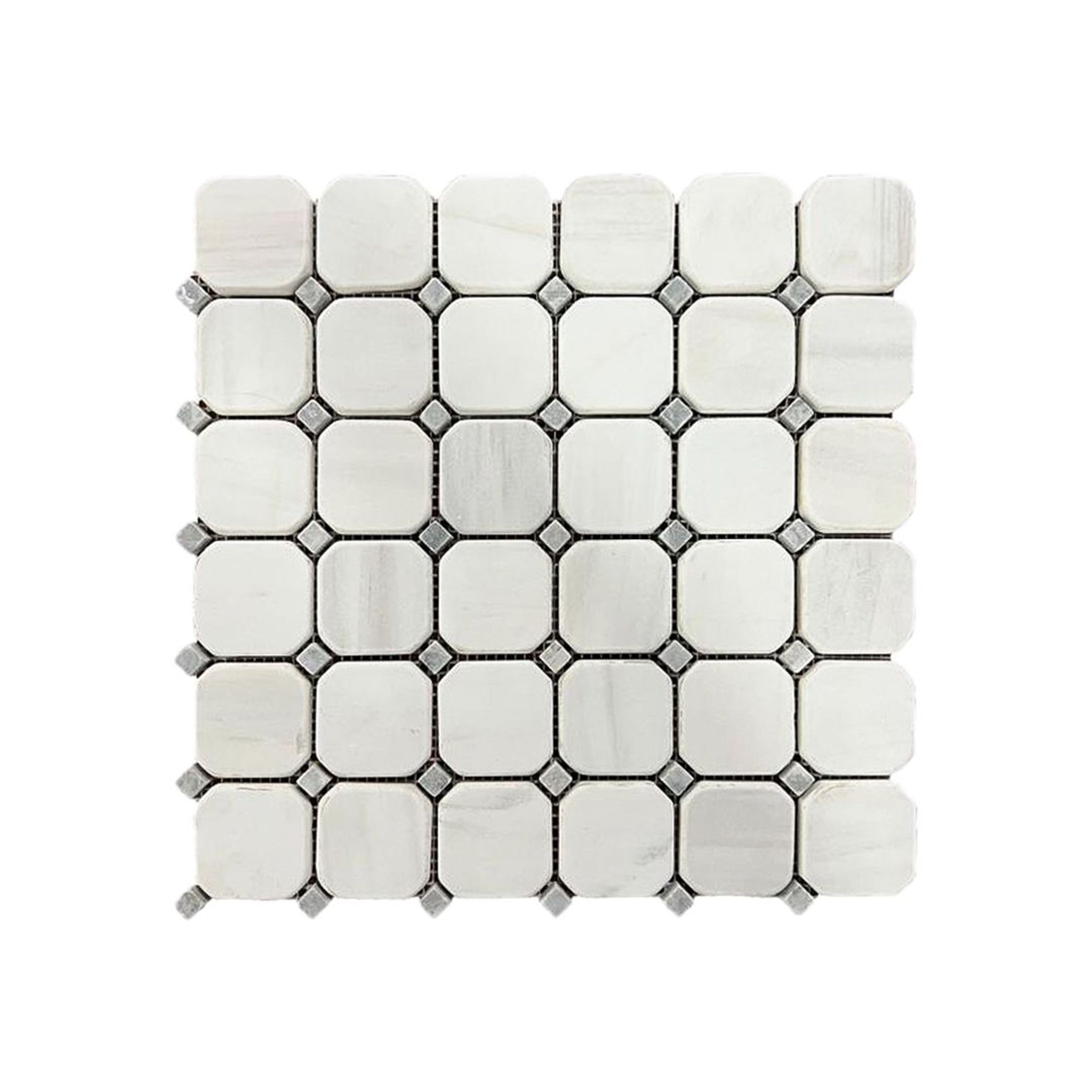 Tumbled dolomite octagon and dot mosaic tile in luminous white with soft grey veining