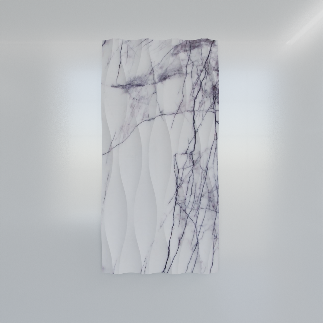 Calacatta Viola wave marble tile with sculptural 3D relief and burgundy veining