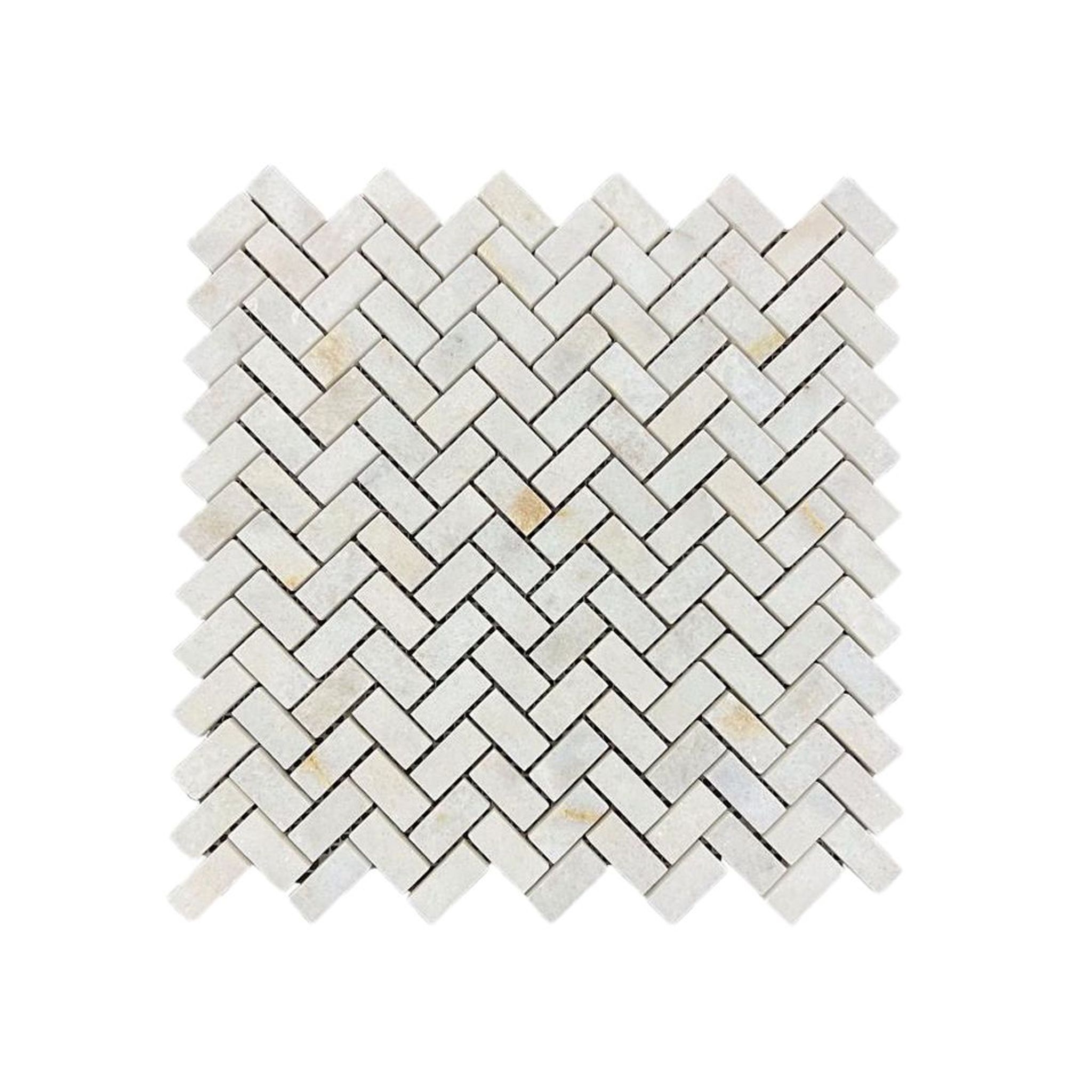 Honed Calacatta Sugar marble herringbone mosaic tile in warm white, cream and gold