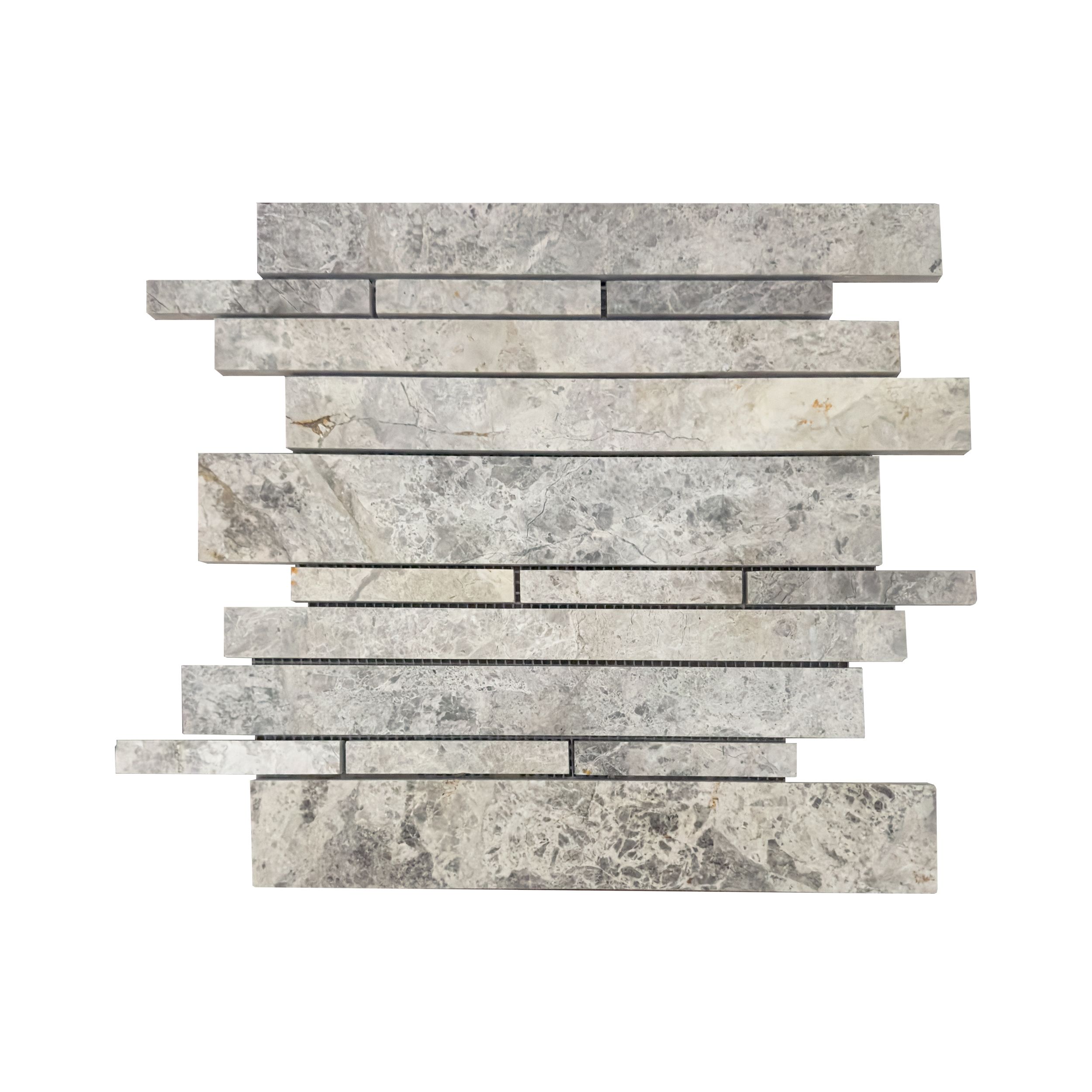 Polished Silver Shadow marble strip-bar mosaic tile in silvery grey with organic veining