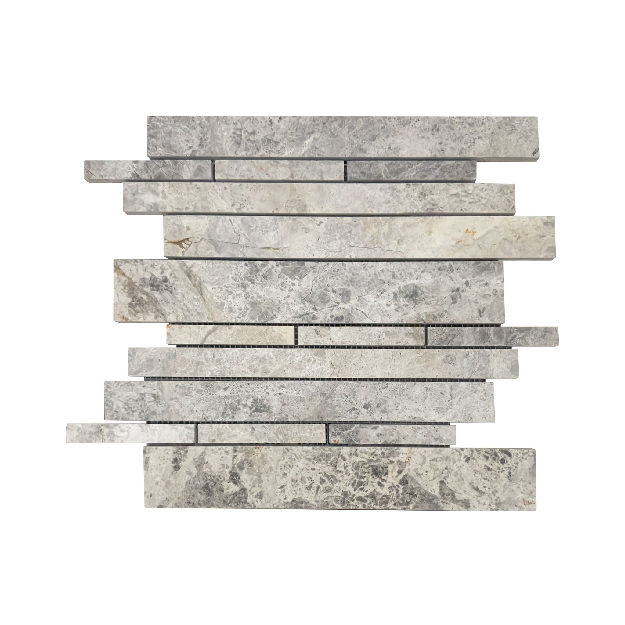 Polished Silver Shadow marble strip-bar mosaic tile in silvery grey with organic veining