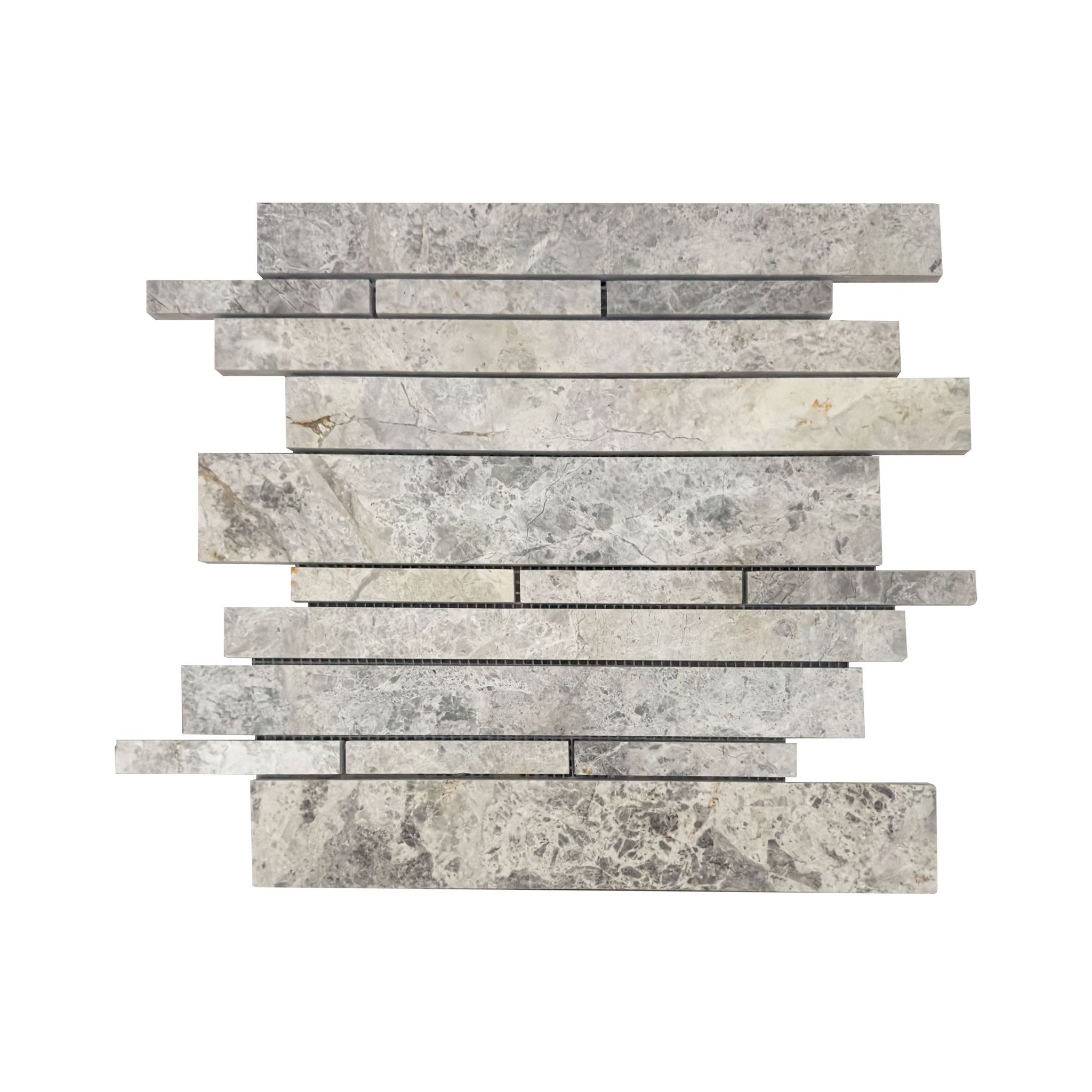 Polished Silver Shadow marble strip-bar mosaic tile in silvery grey with organic veining