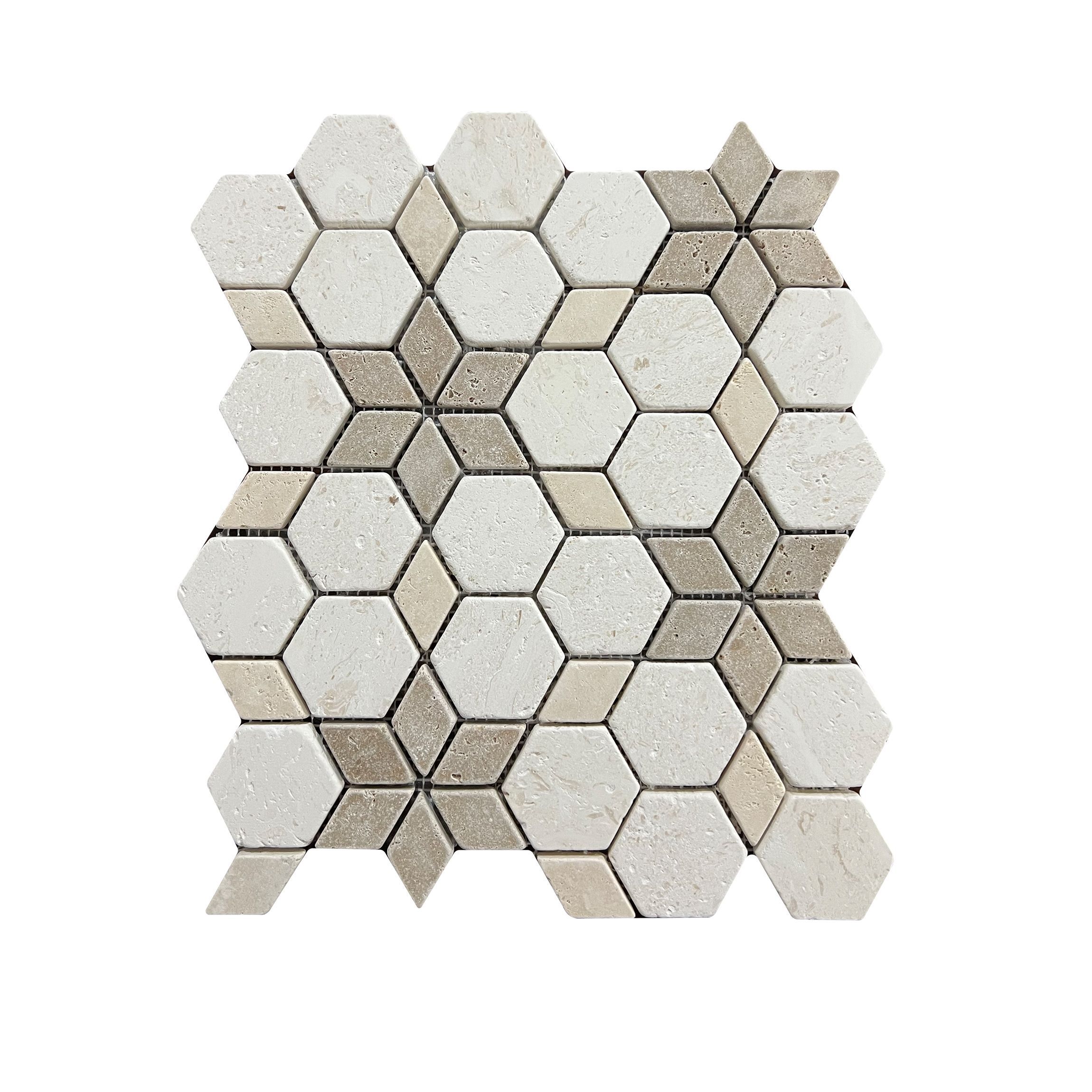 Tumbled Shellstone and mix travertine Starline mosaic tile with walnut six-point stars thumbnail 2