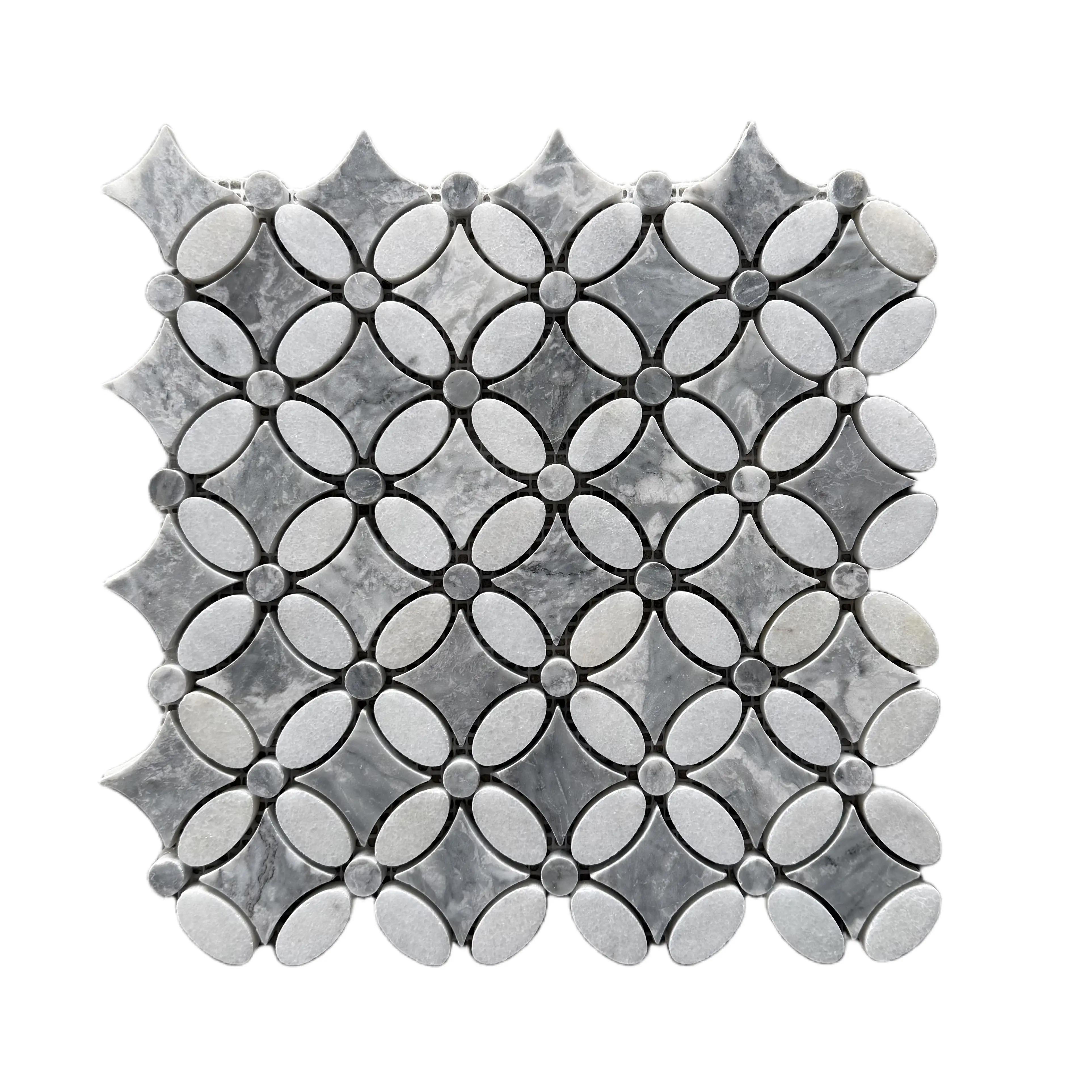 Polished Carrara white and platinum grey marble flower mosaic tile with grey nodes