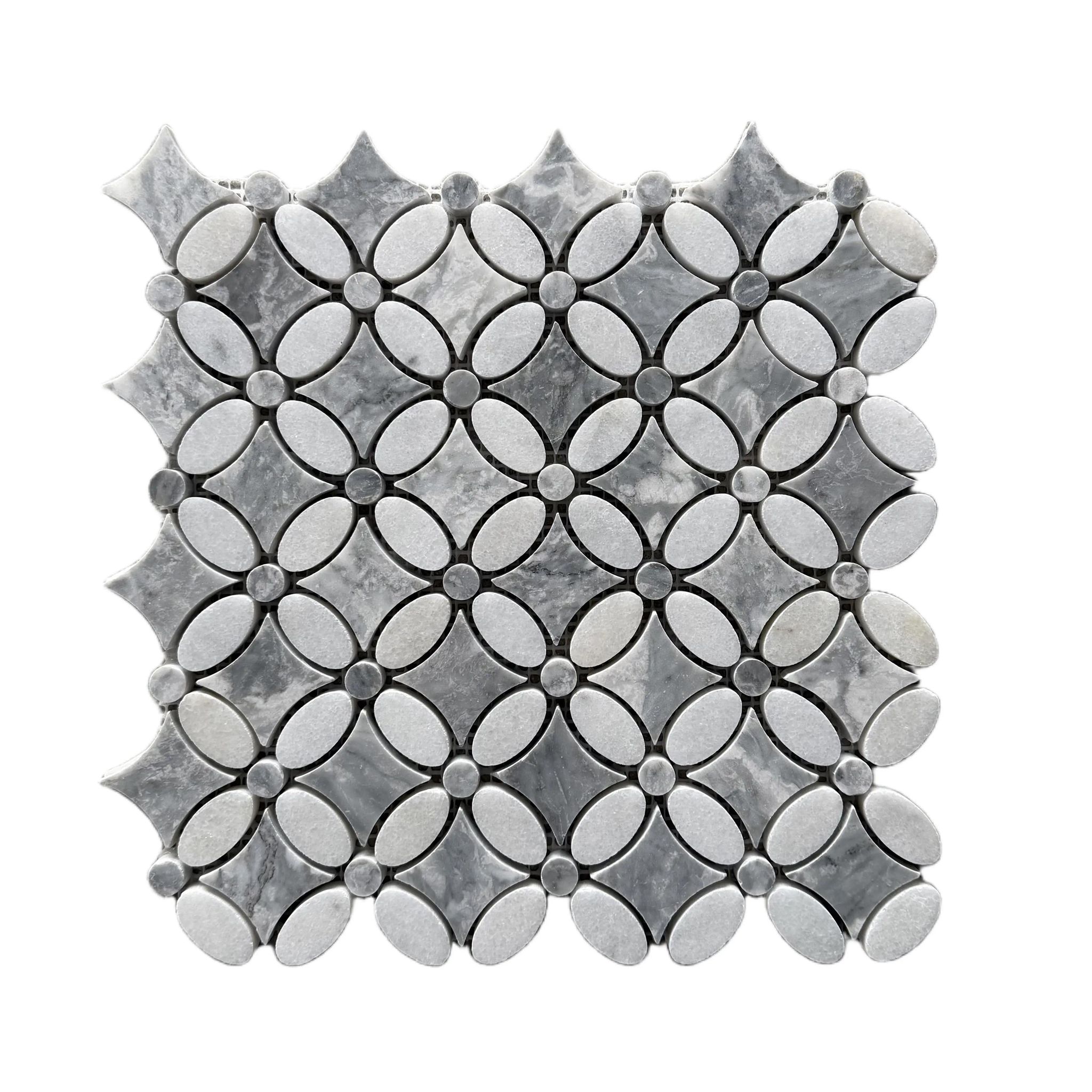 Polished Carrara white and platinum grey marble flower mosaic tile with grey nodes