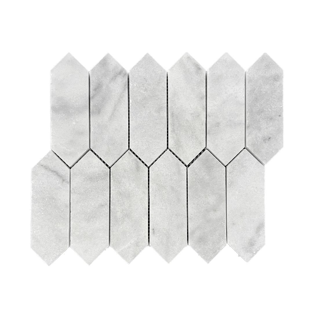 Honed Carrara White marble picket mosaic tile with dove-grey veining